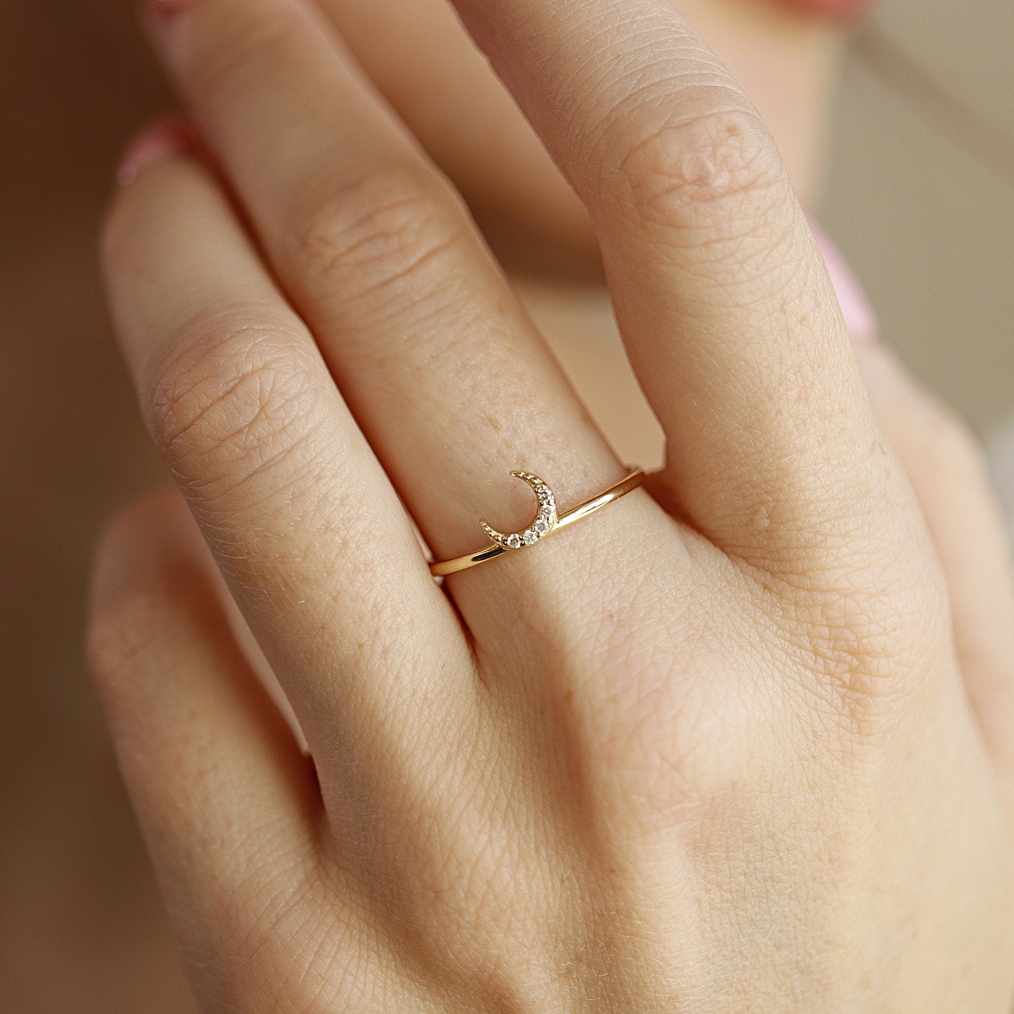 Genuine Diamond Crescent Moon Ring in 14k Gold - Melt'm Jewelry