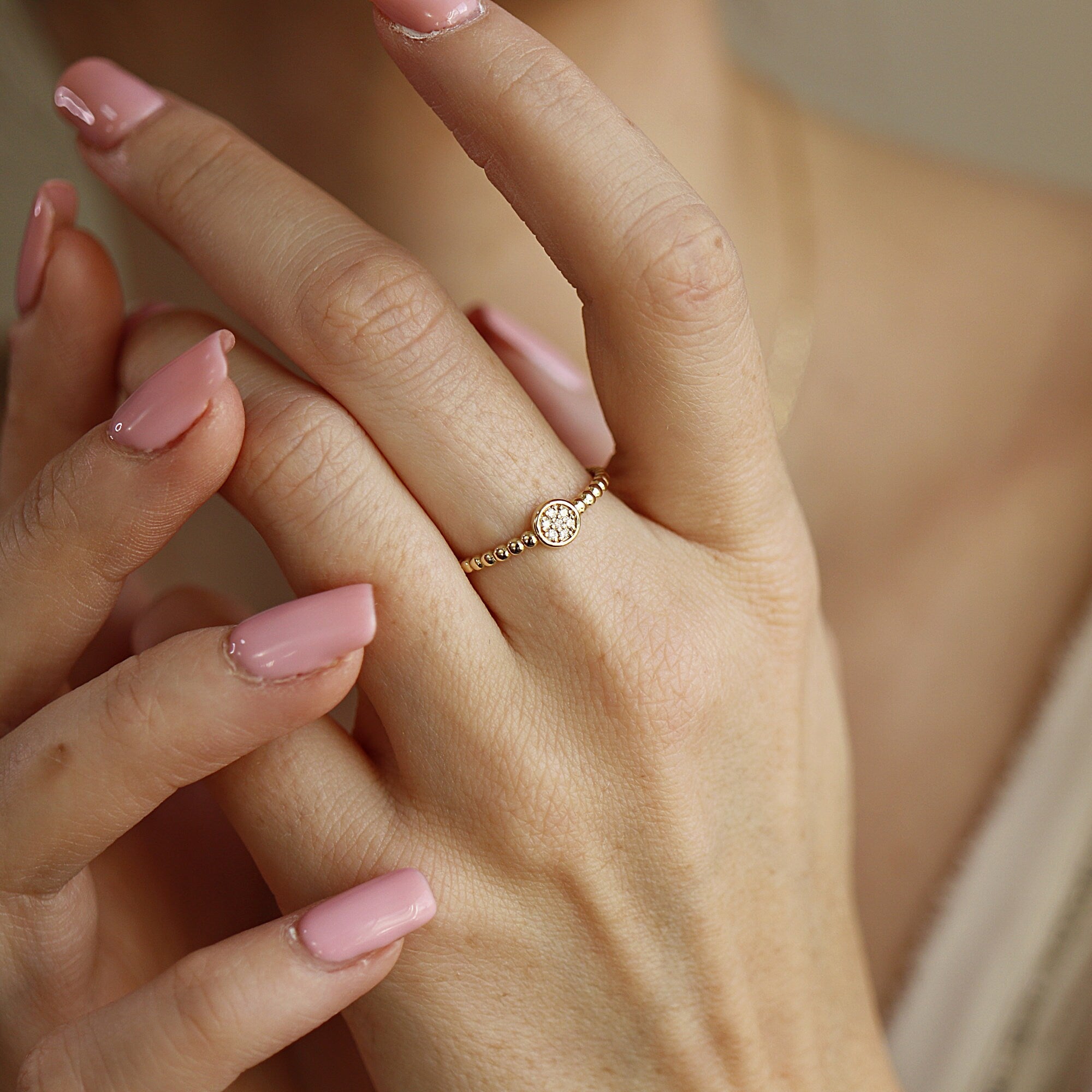 Diamond Disc Ring, 14k Solid Gold Pave Diamond Ring