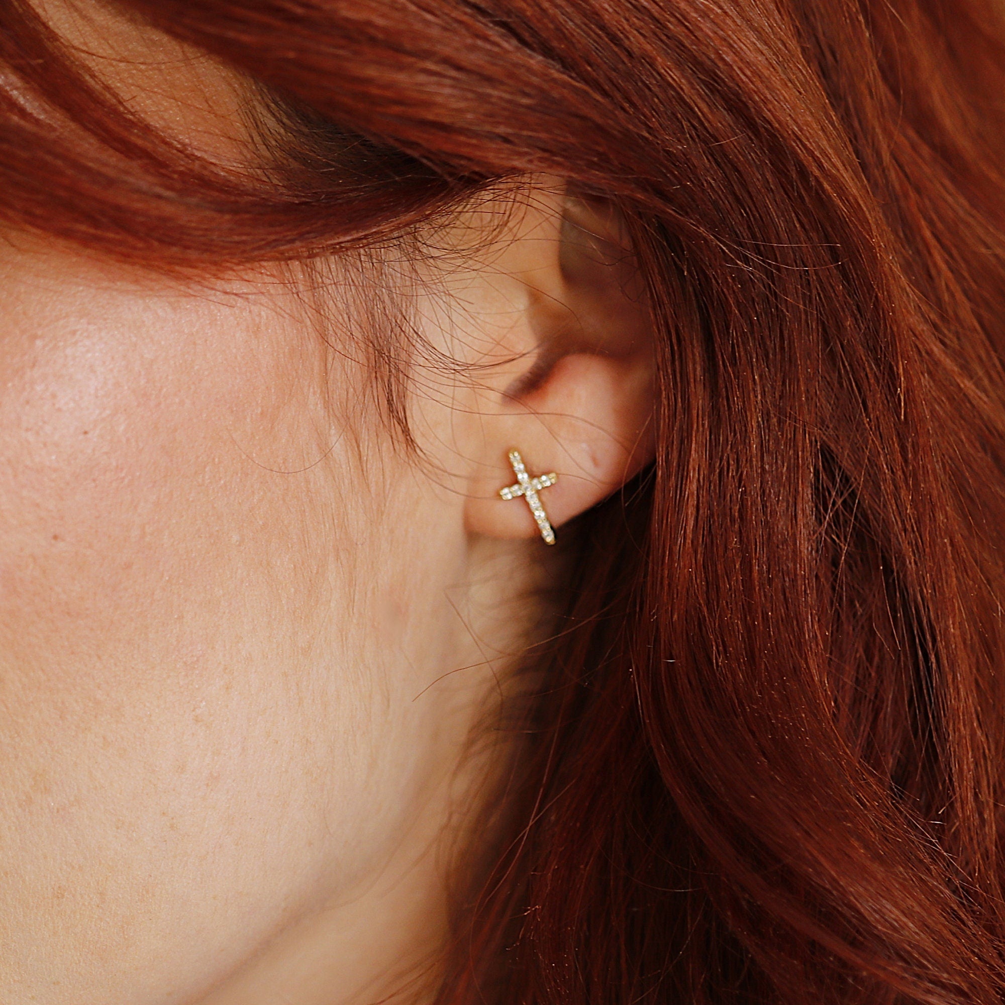 14k Yellow Gold Diamond Cross Earrings