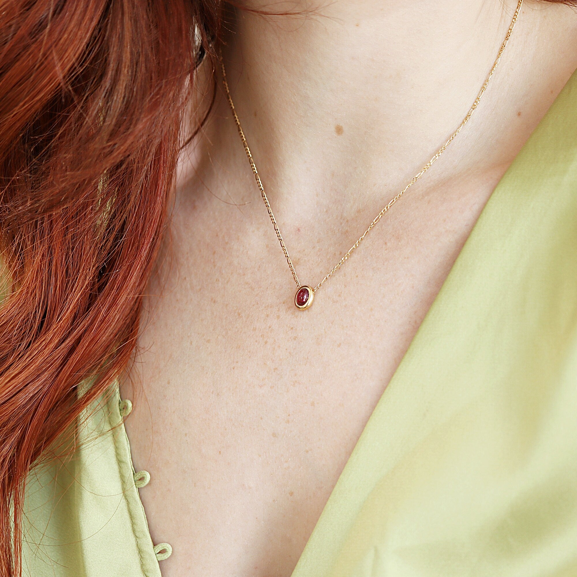 Pink Tourmaline Necklace in 14k Gold Figaro Chain