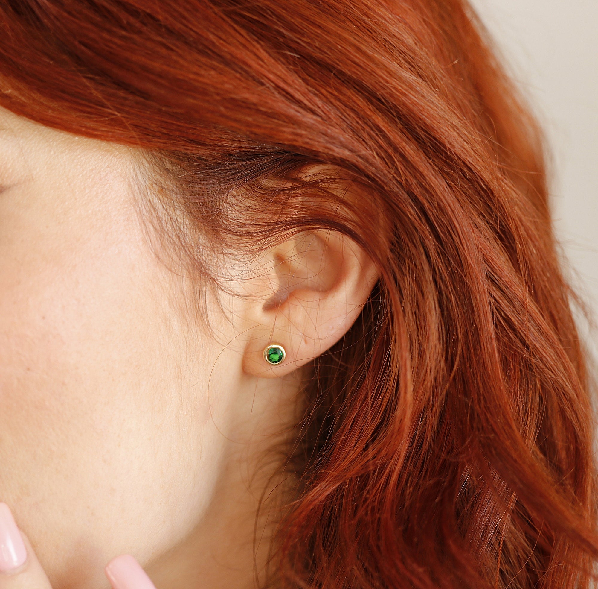 14k Gold Bezel Set Emerald Stud Earrings