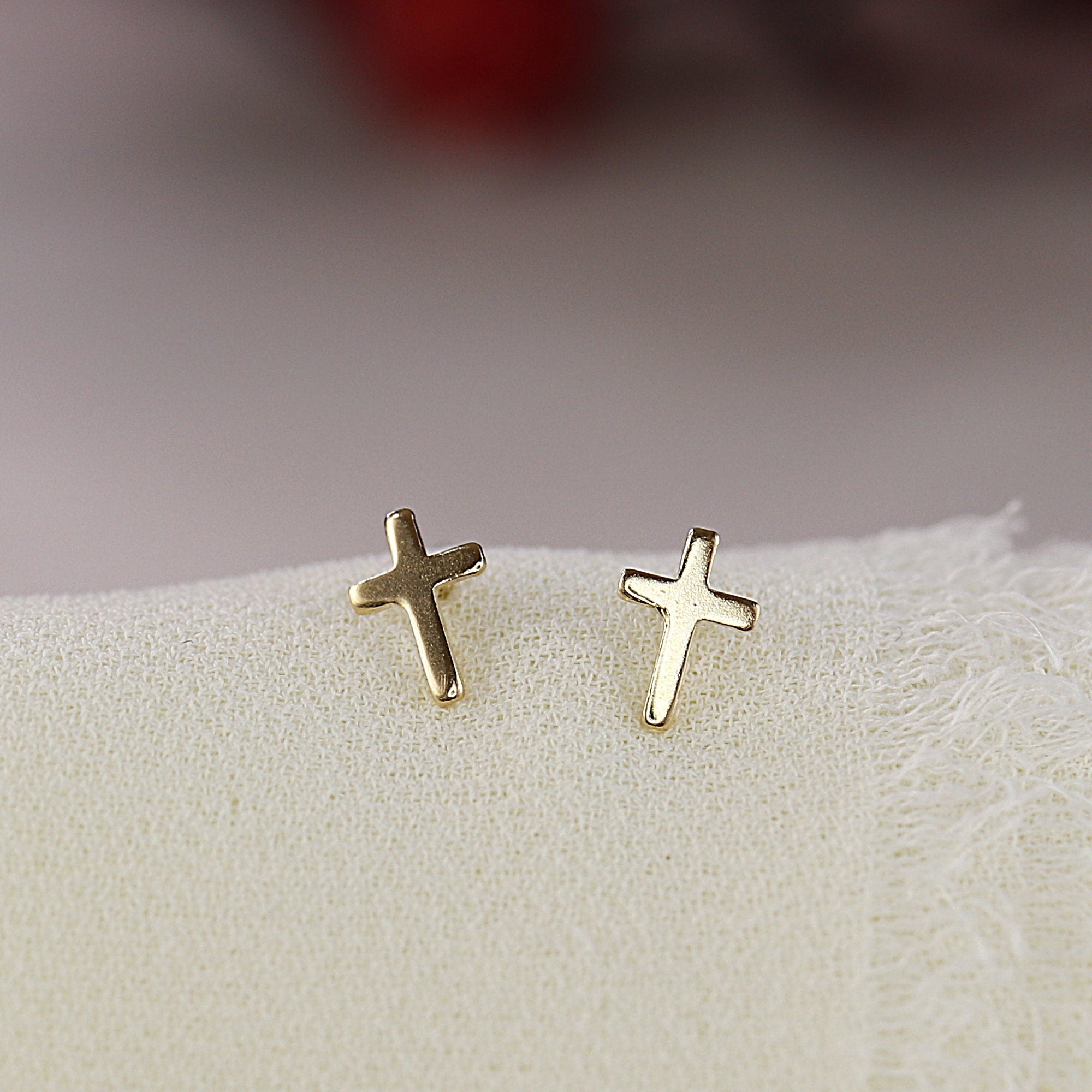 14k Solid Gold Cross Stud Earrings (SINGLE OR PAIR)