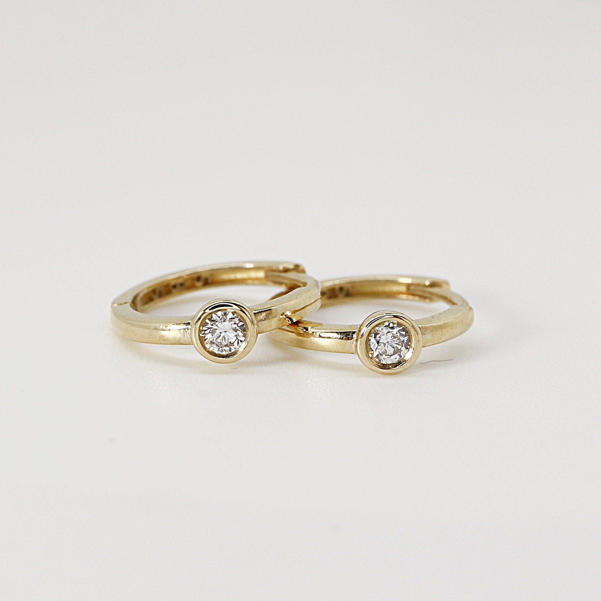 Bezel Solitaire Diamond Huggies Earrings 14k Solid Gold - SINGLE OR PAIR - Melt'm Jewelry