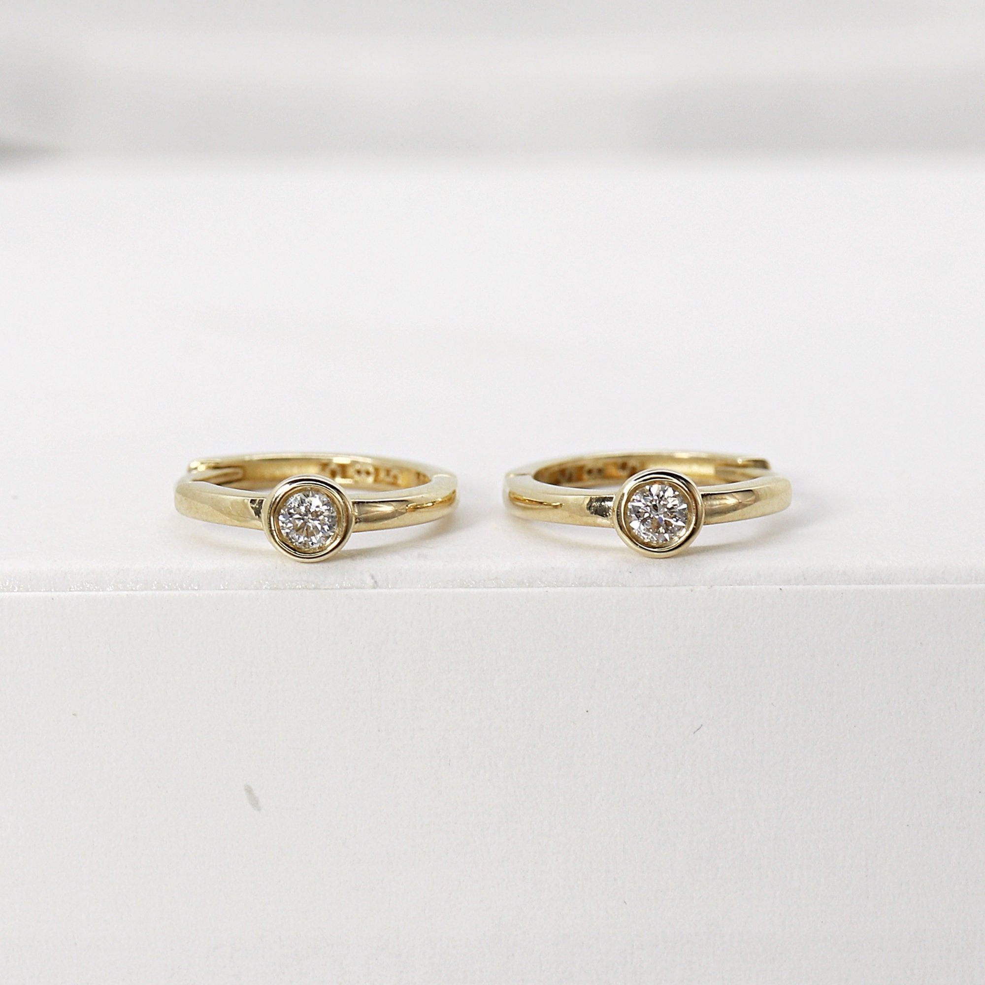 Bezel Solitaire Diamond Huggies Earrings 14k Solid Gold - SINGLE OR PAIR - Melt'm Jewelry