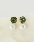 Pearl and Green Tourmaline Earrings 18k Solid Gold