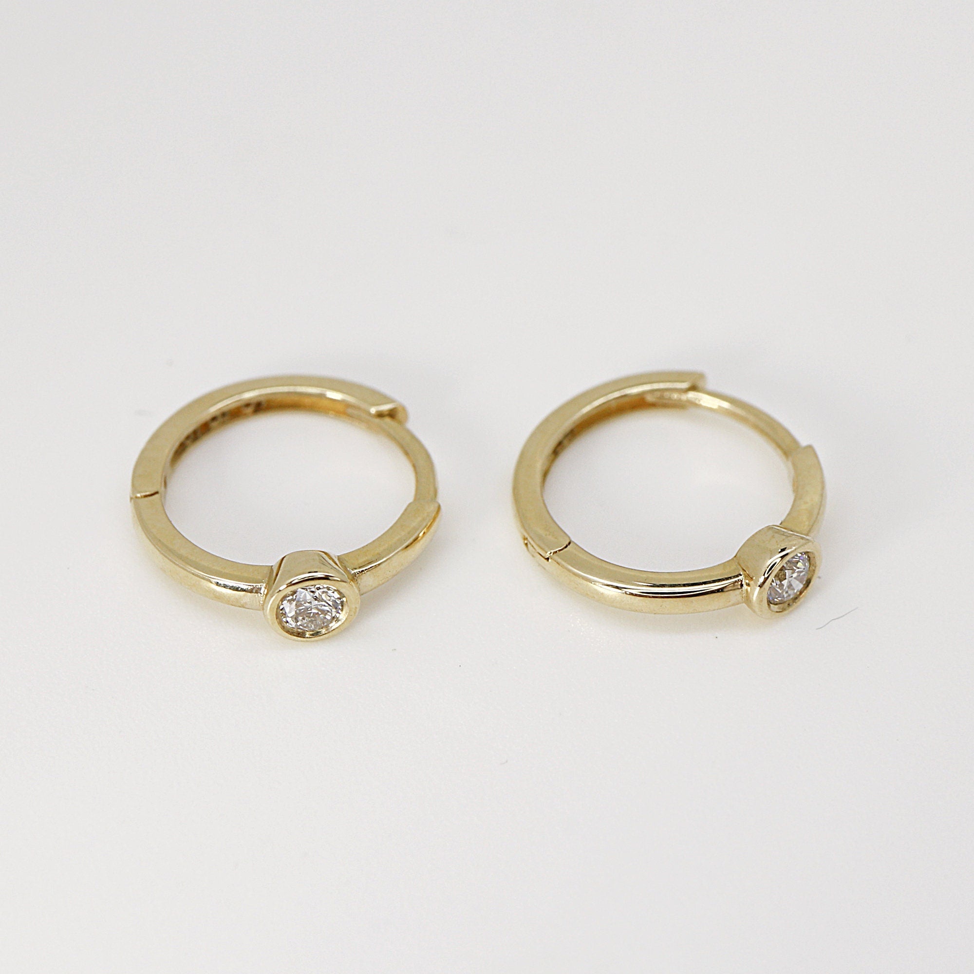 Bezel Solitaire Diamond Huggies Earrings 14k Solid Gold - SINGLE OR PAIR - Melt'm Jewelry