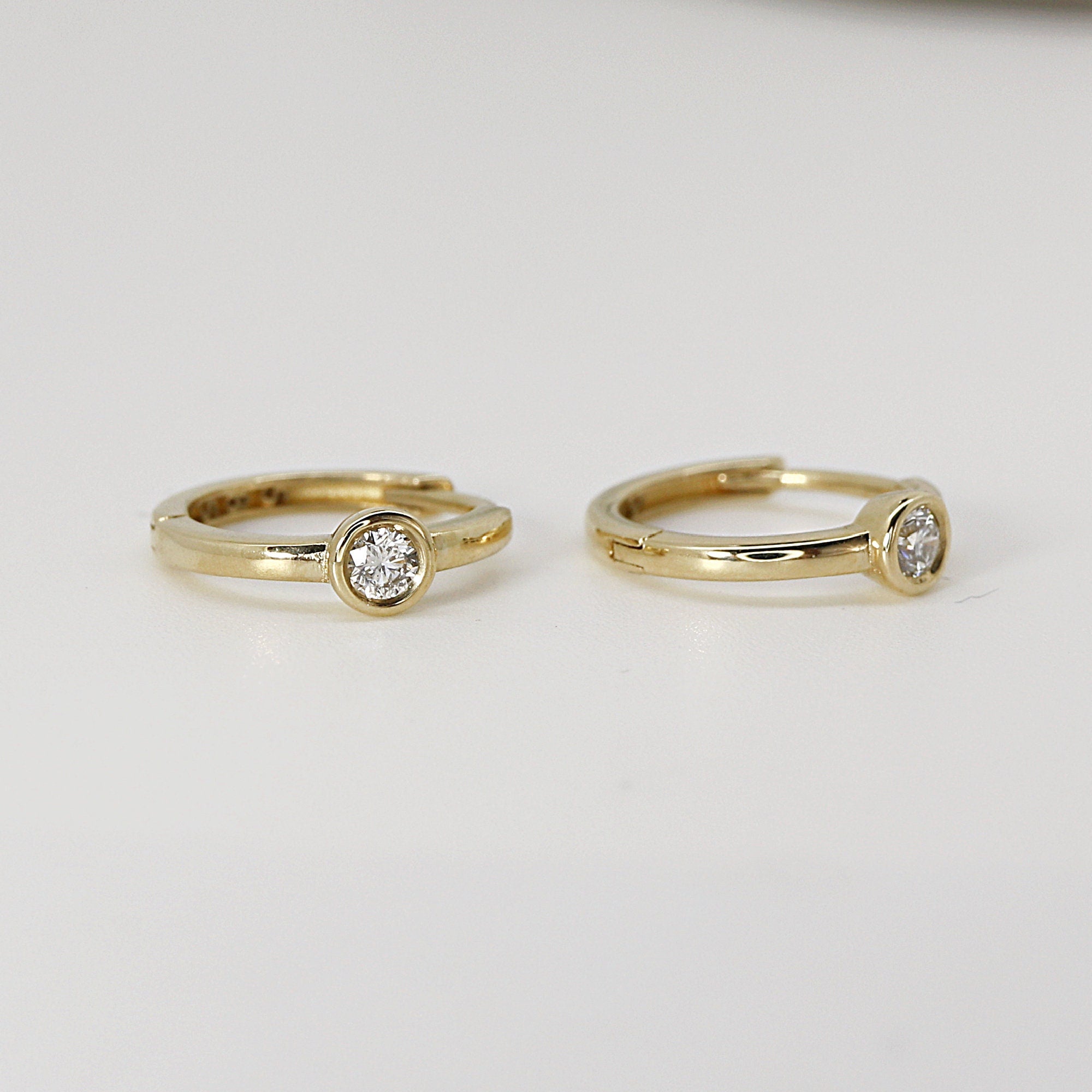 Bezel Solitaire Diamond Huggies Earrings 14k Solid Gold - SINGLE OR PAIR - Melt'm Jewelry