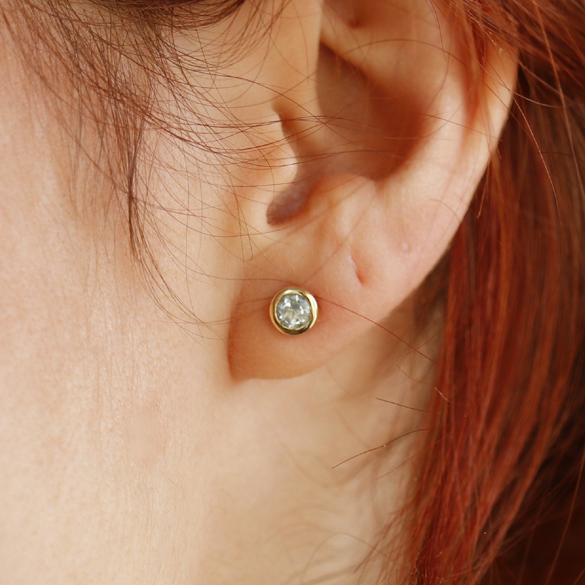 Round Aquamarine Bezel Earrings 14k Gold, Natural Aquamarine March Birthstone Studs - Melt'm Jewelry