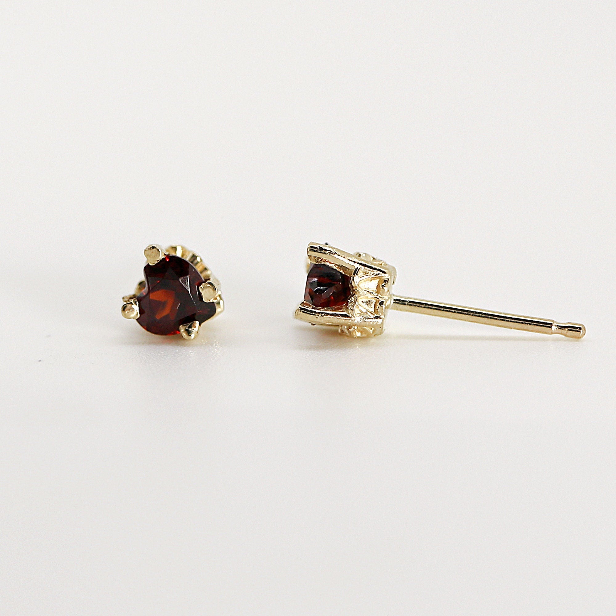 Garnet Heart Stud Earrings 14k Gold