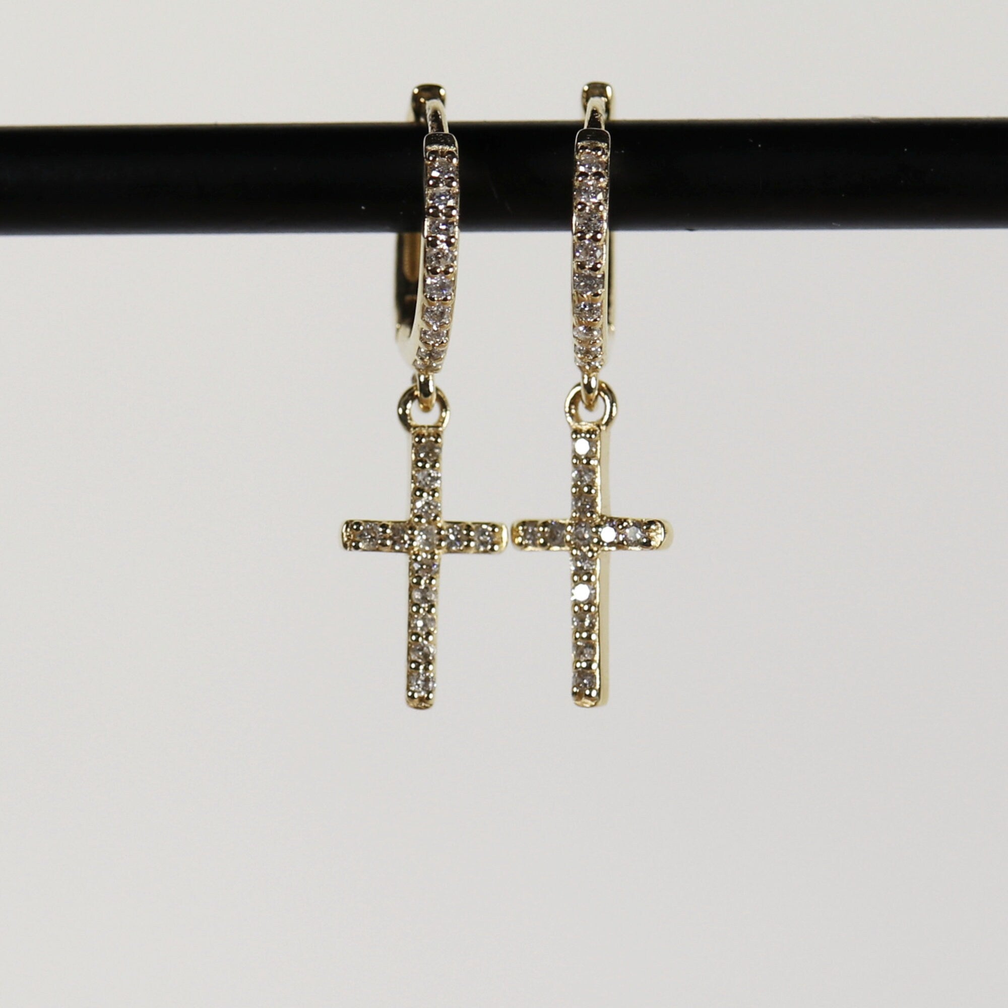 Diamond Cross Hoop Earrings, Gold Hoop Dangle Earrings