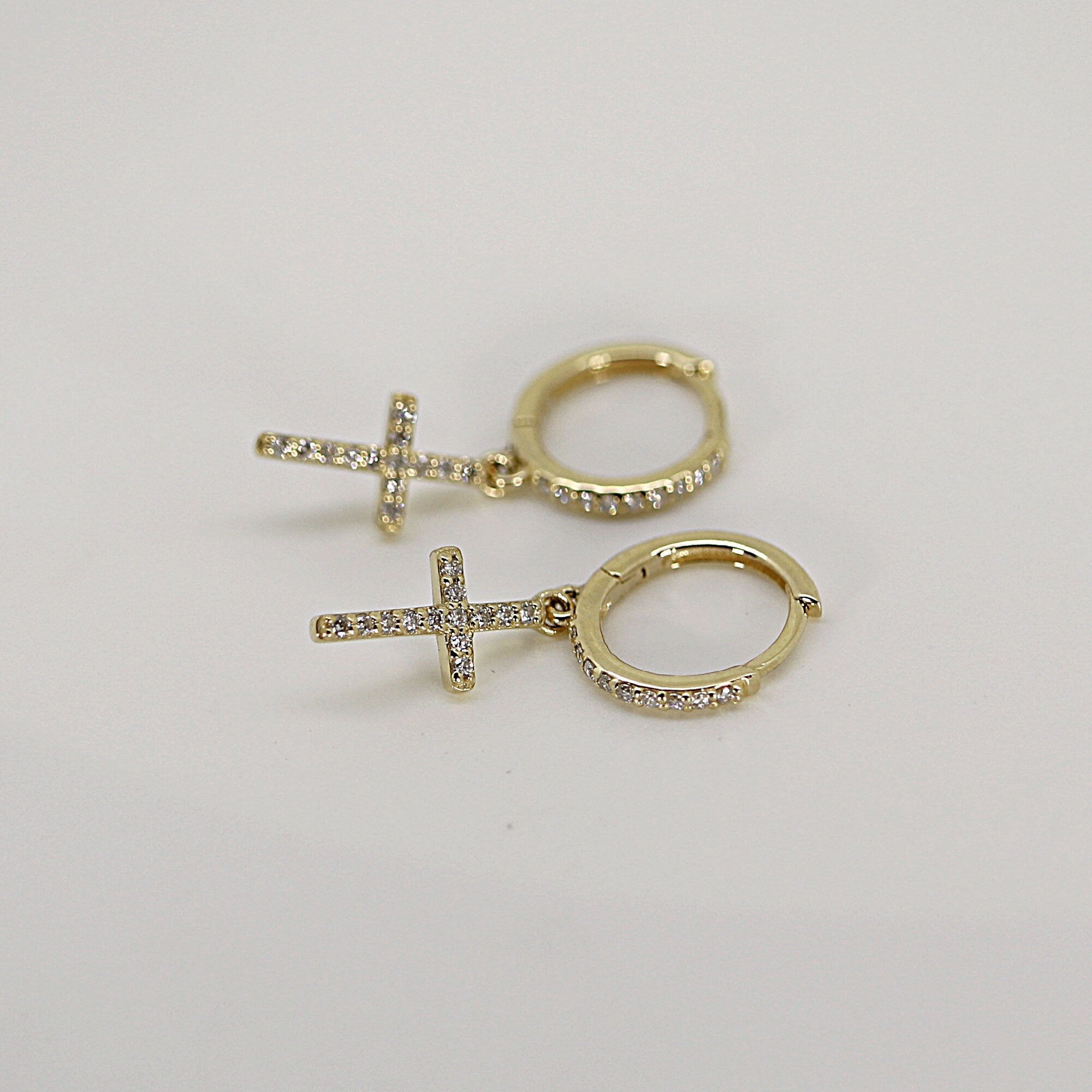 Diamond Cross Hoop Earrings, Gold Hoop Dangle Earrings