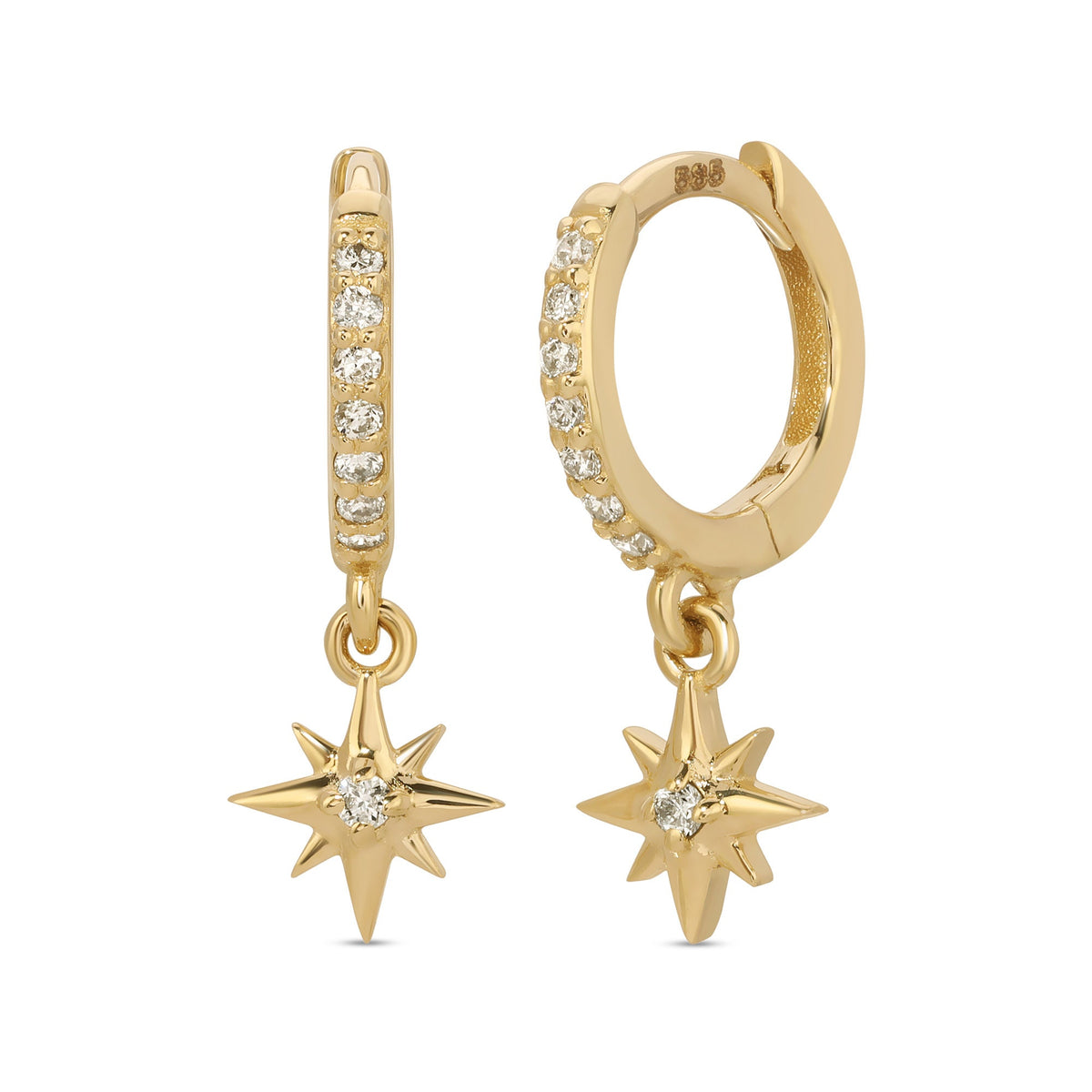A pair of 14k gold hoop earrings with a dangling star charm. Each hoop is lined with small diamond stones and has a small clear diamond stone in the center of the star charm.