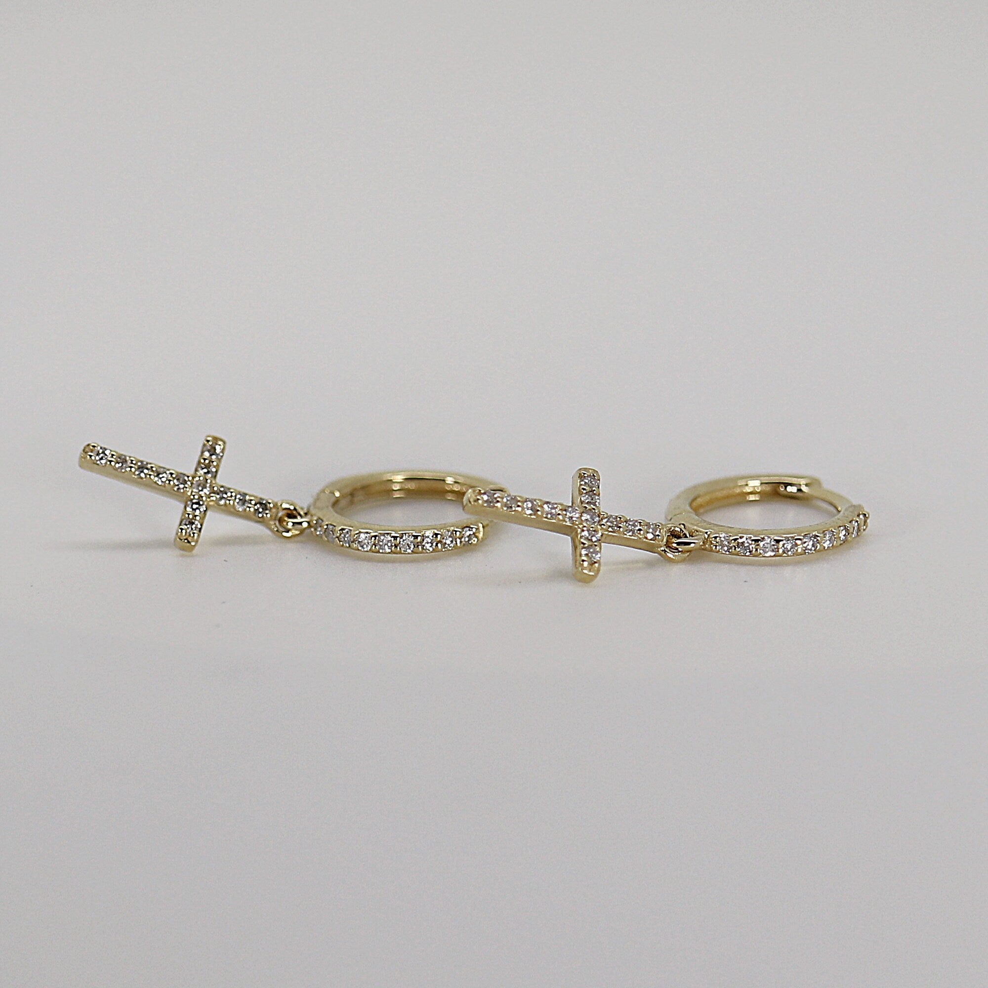 Diamond Cross Hoop Earrings, Gold Hoop Dangle Earrings