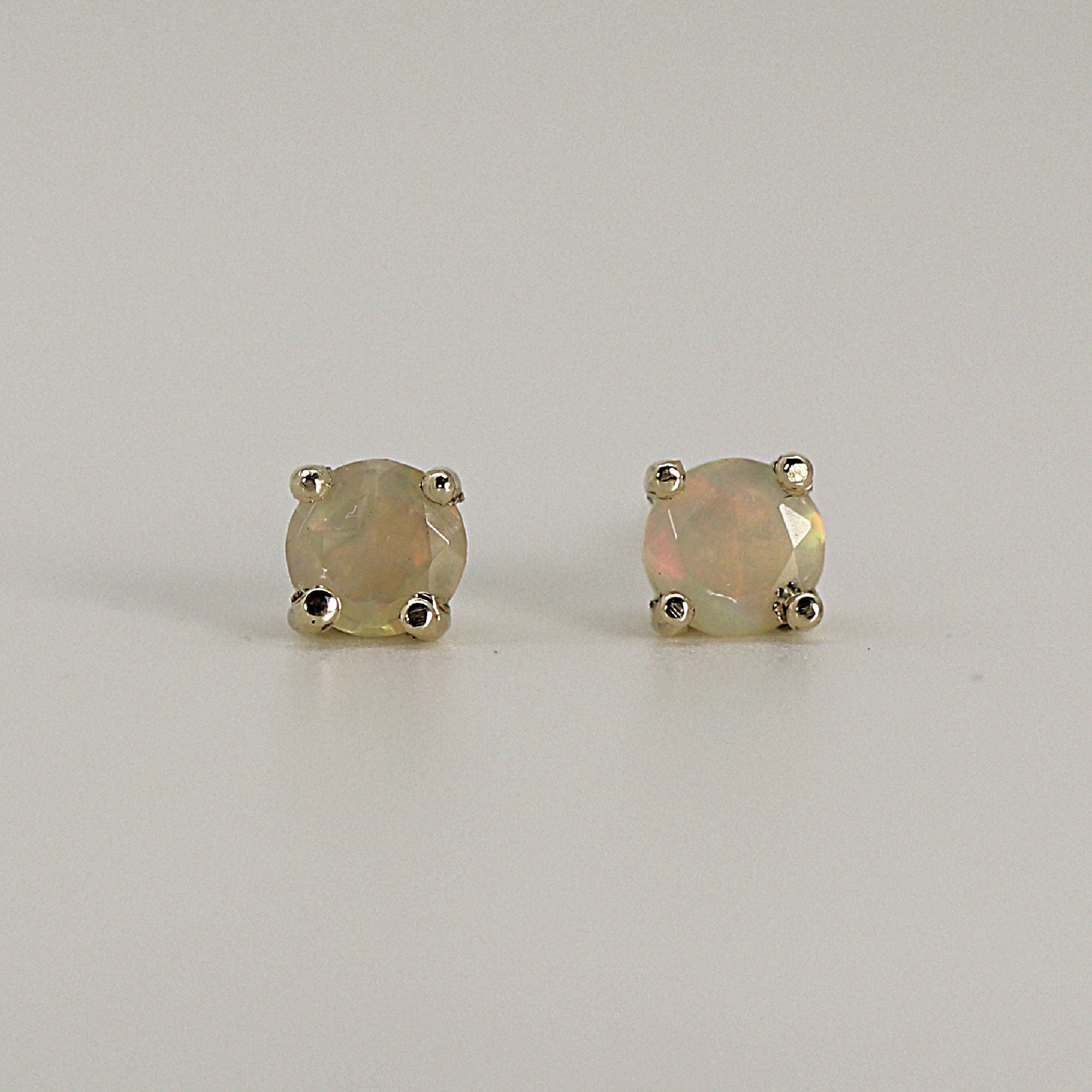 Round Cut Opal Stud Earrings 14k Gold