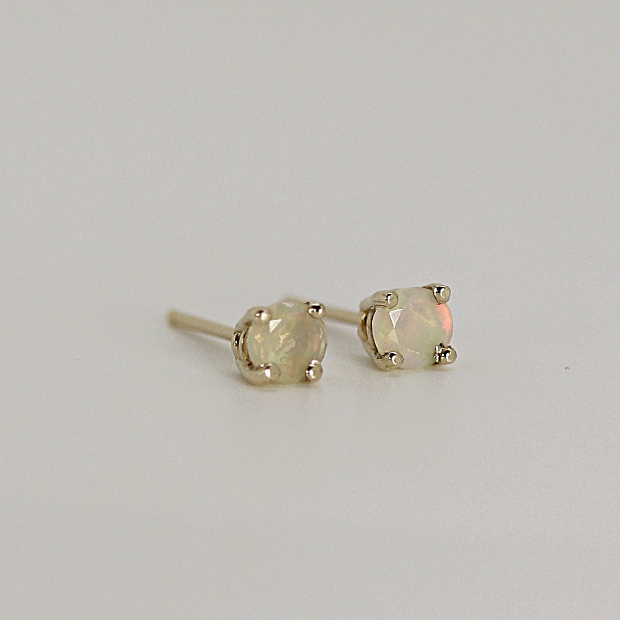 Round Cut Opal Stud Earrings 14k Gold