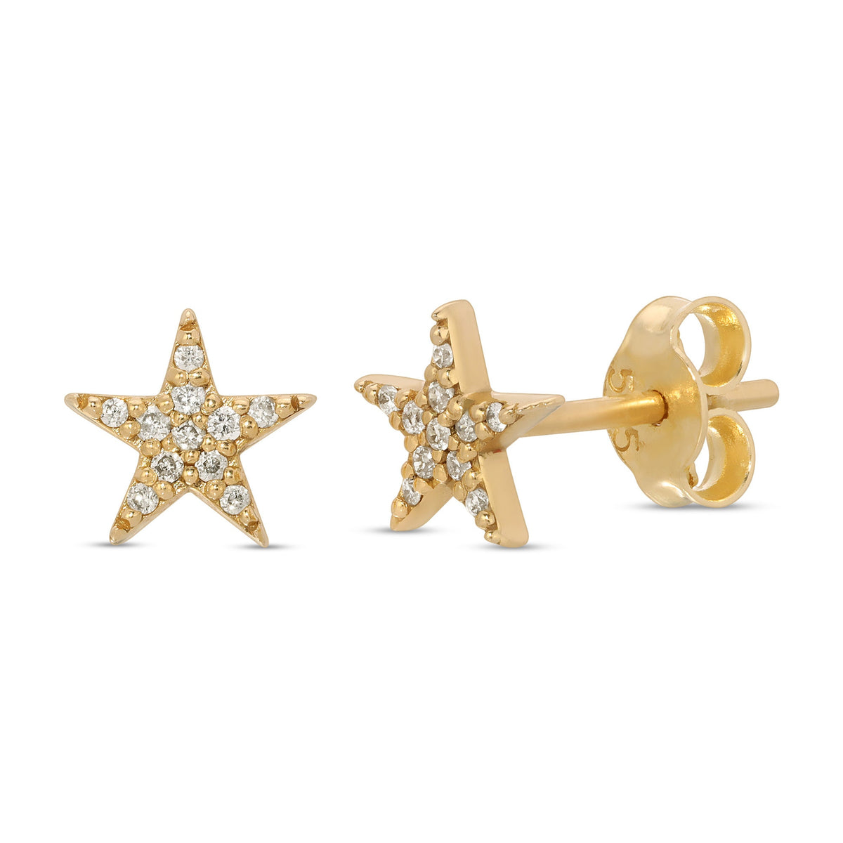 A pair of gold star-shaped earrings with small clear diamonds set into the star shape.