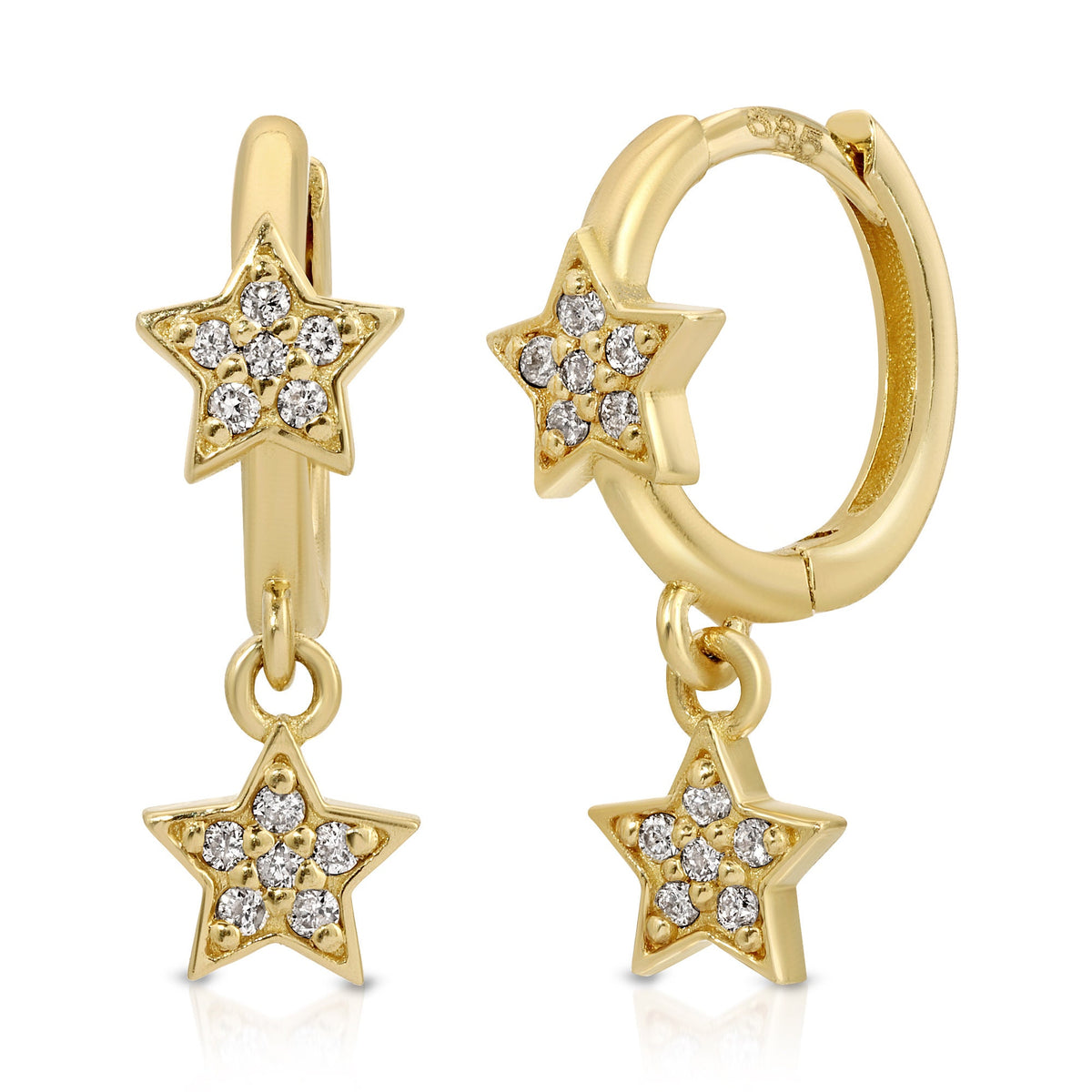 Gold hoop earrings with a dangling star charm. Each star is encrusted with small diamonds.