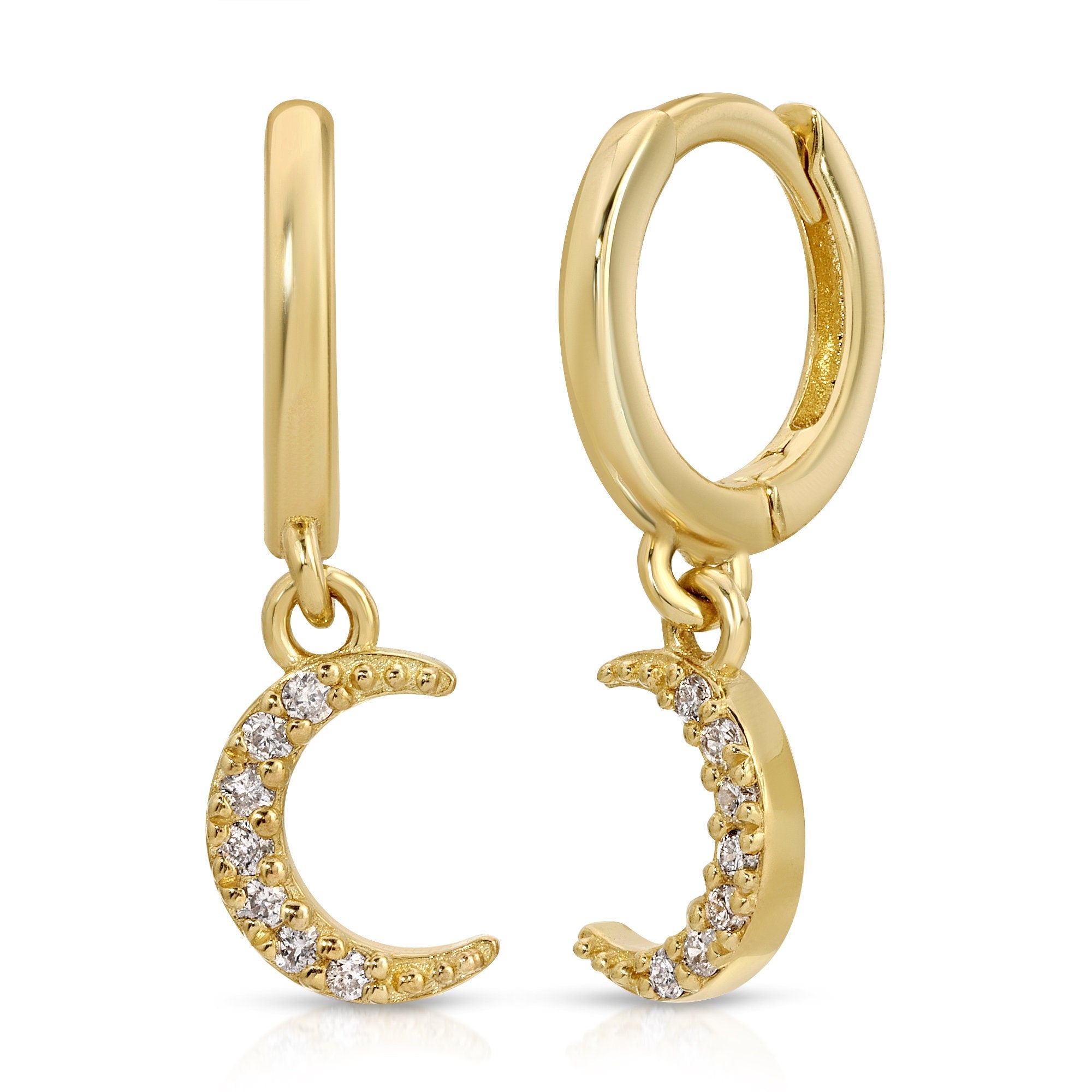 Natural Diamonds Crescent Moon Huggie Hoops (SINGLE or PAIR) - Melt'm Jewelry