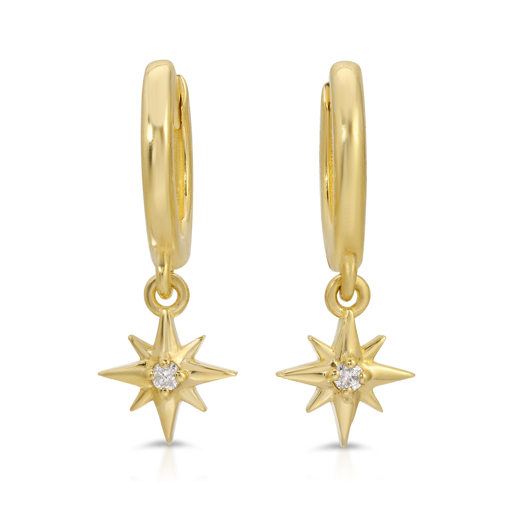 Diamond North Star Huggie Hoops Dangling (SINGLE or PAIR) - Melt'm Jewelry