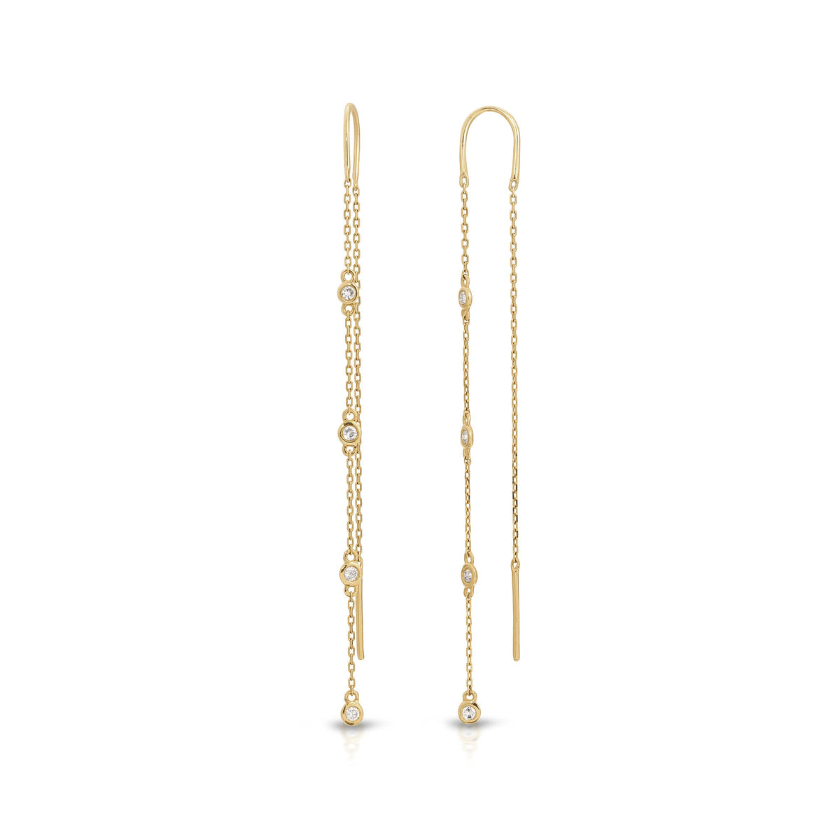 A pair of long, gold chain earrings with small, clear diamonds. The earrings have a delicate, minimalist design.