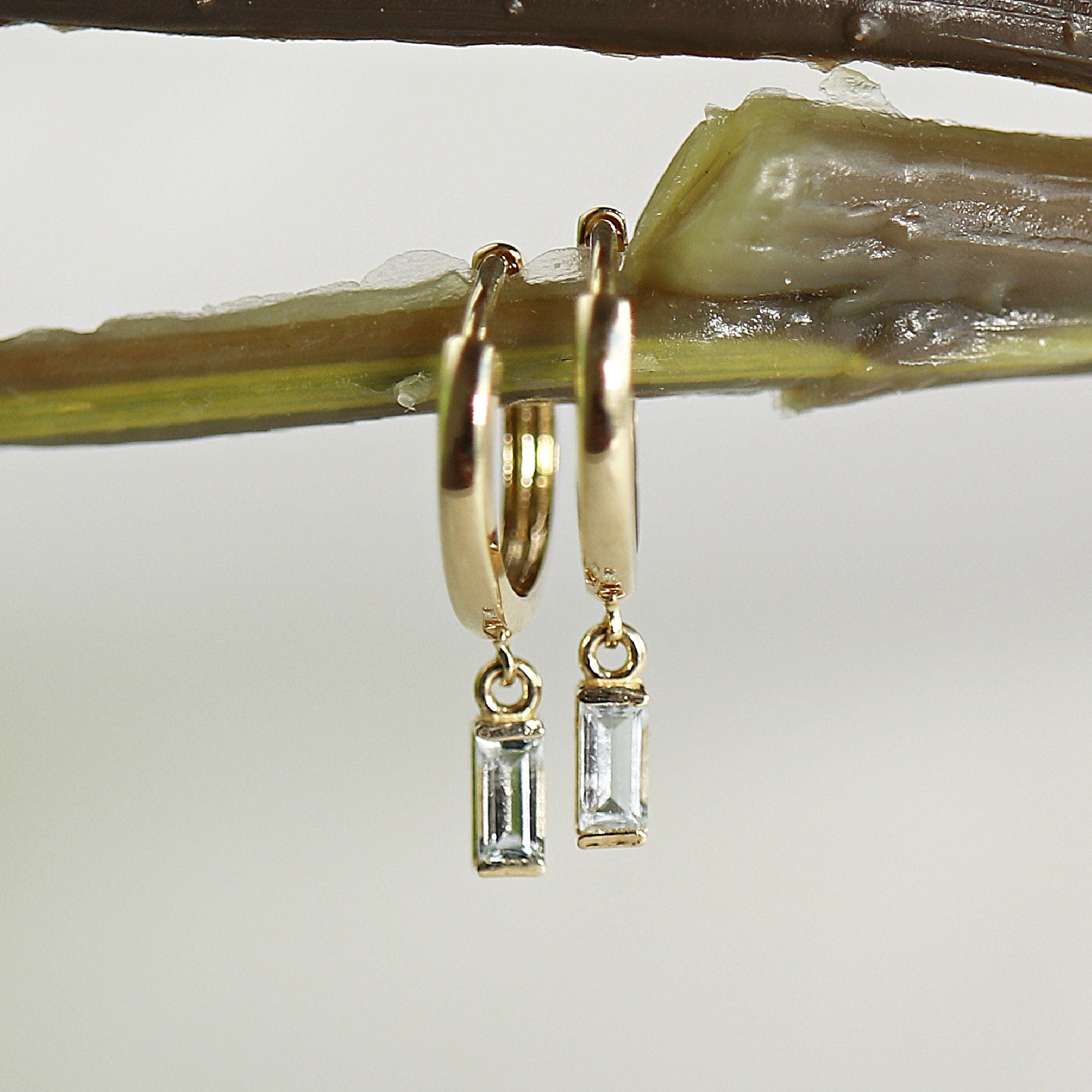 Baguette Cut Aquamarine Earrings 14k Solid Gold