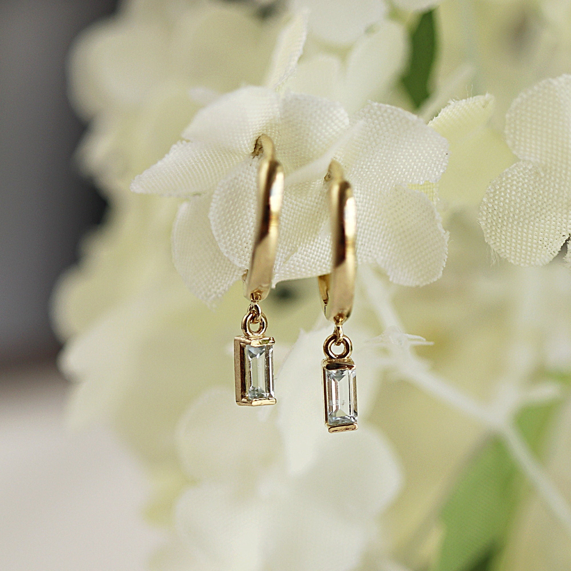 Baguette Cut Aquamarine Earrings 14k Solid Gold