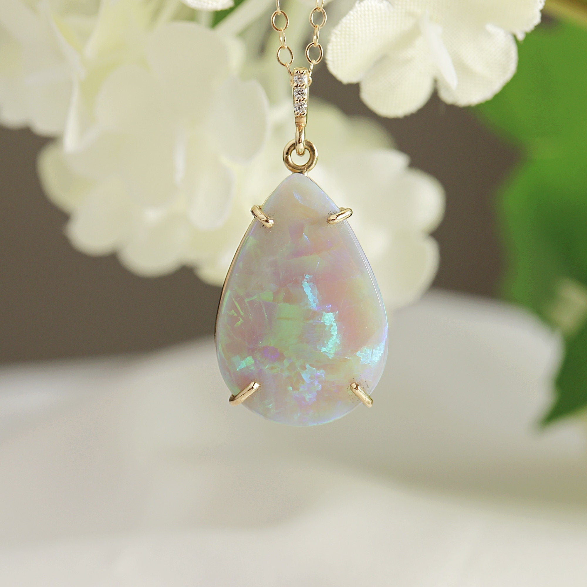 14k Gold Opal Necklace with Diamond Bail