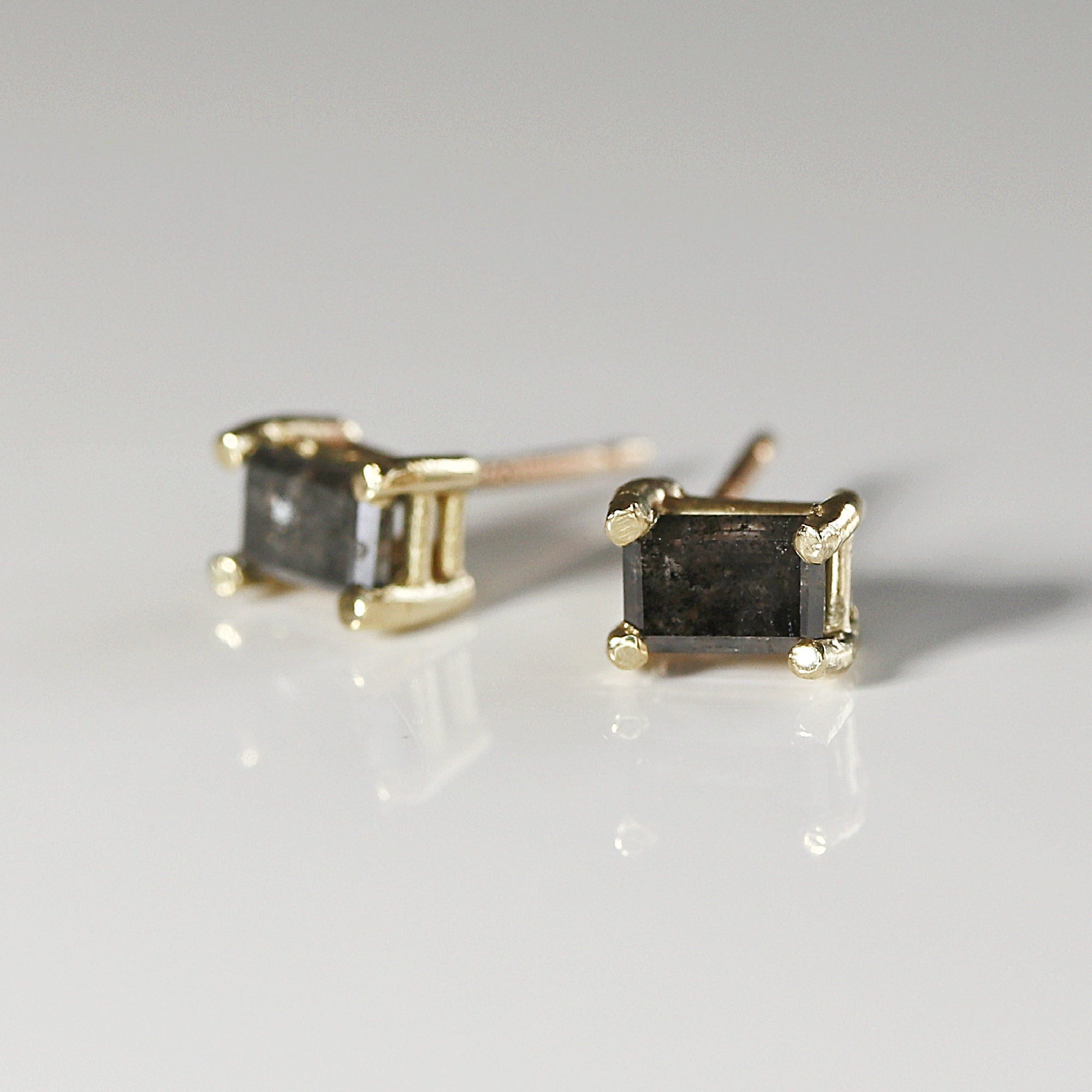 Emerald Cut Salt and Pepper Diamond Stud Earrings