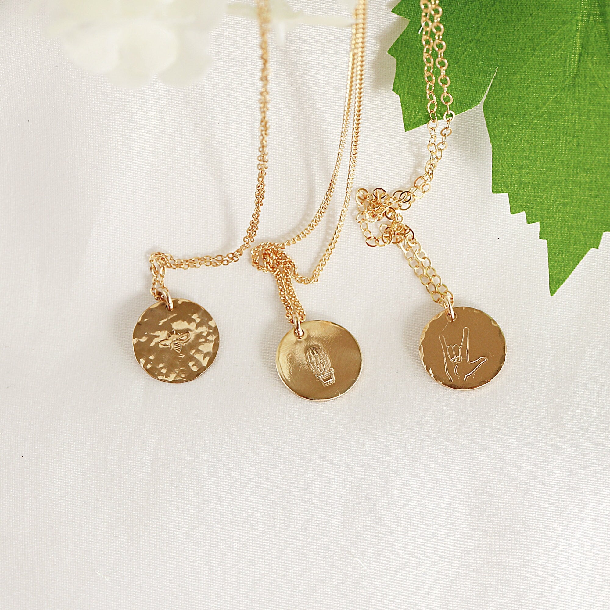 Dainty Personalized Gold Disc Necklace (Cactus, Bee, ASL Sign)