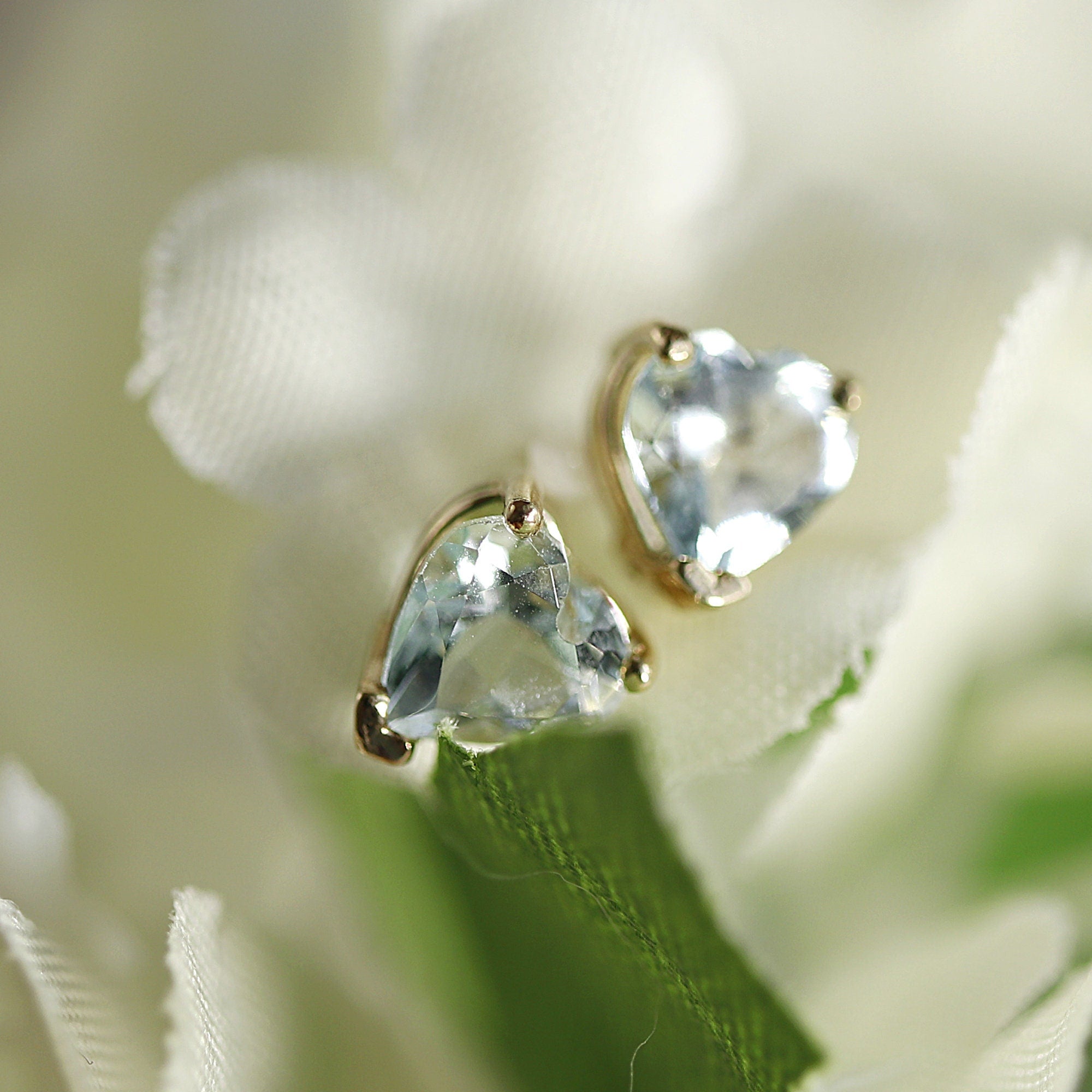 Heart Aquamarine Earrings 14k Solid Gold