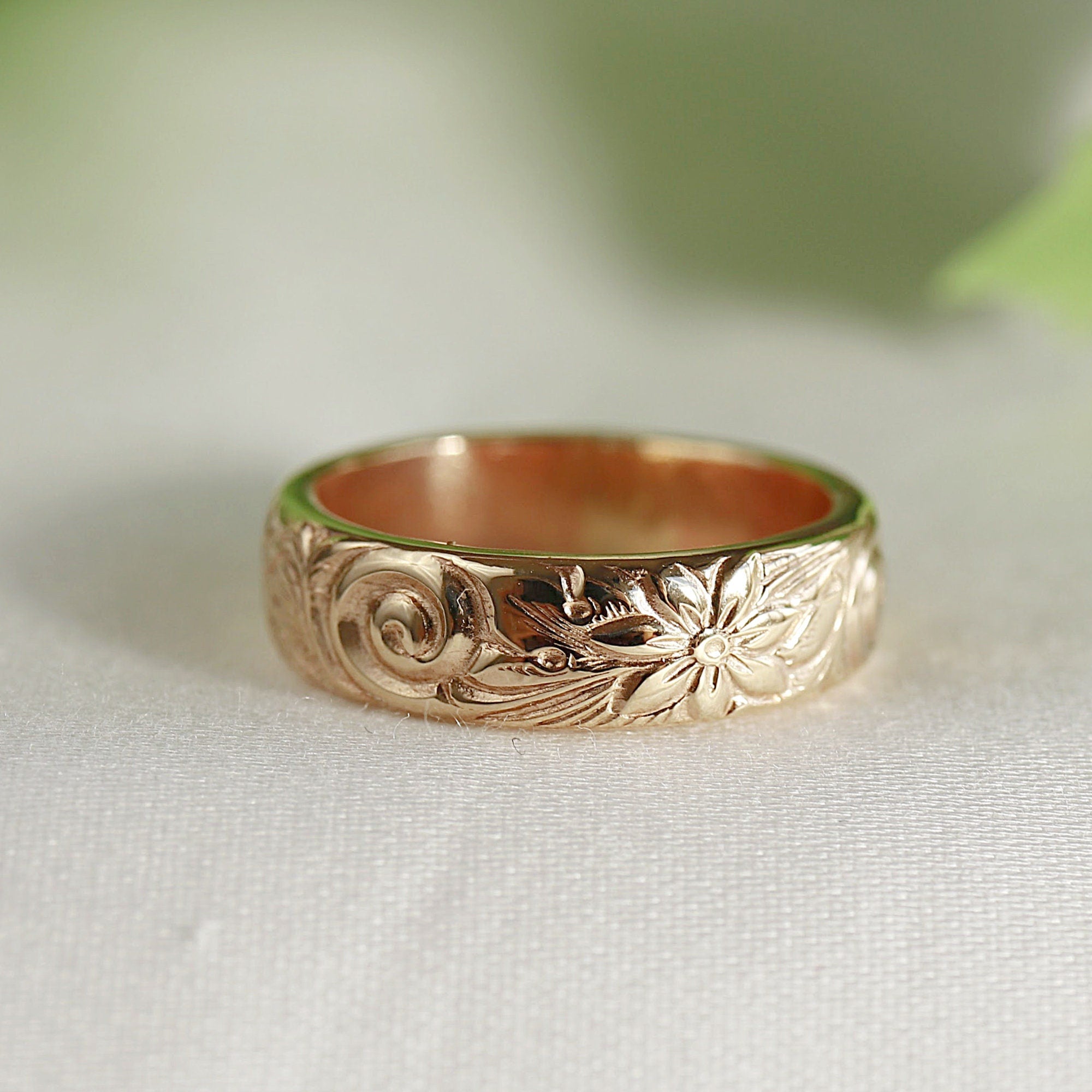 Floral Wedding Band Solid 14k Gold, Thick Wedding Ring - Melt'm Jewelry