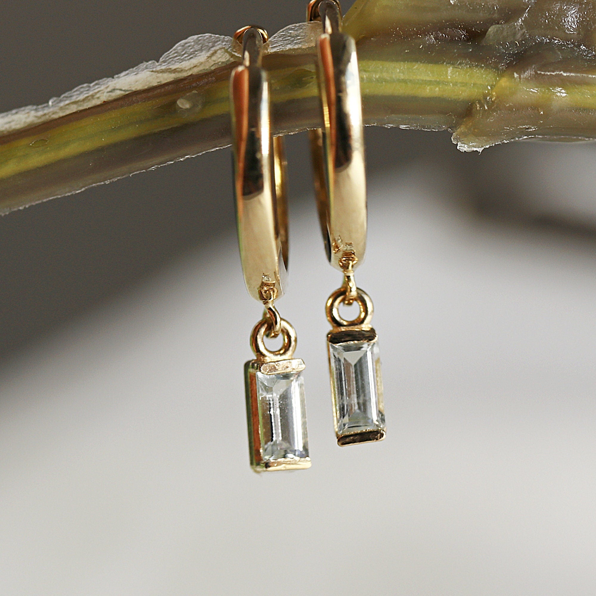 Baguette Cut Aquamarine Earrings 14k Solid Gold