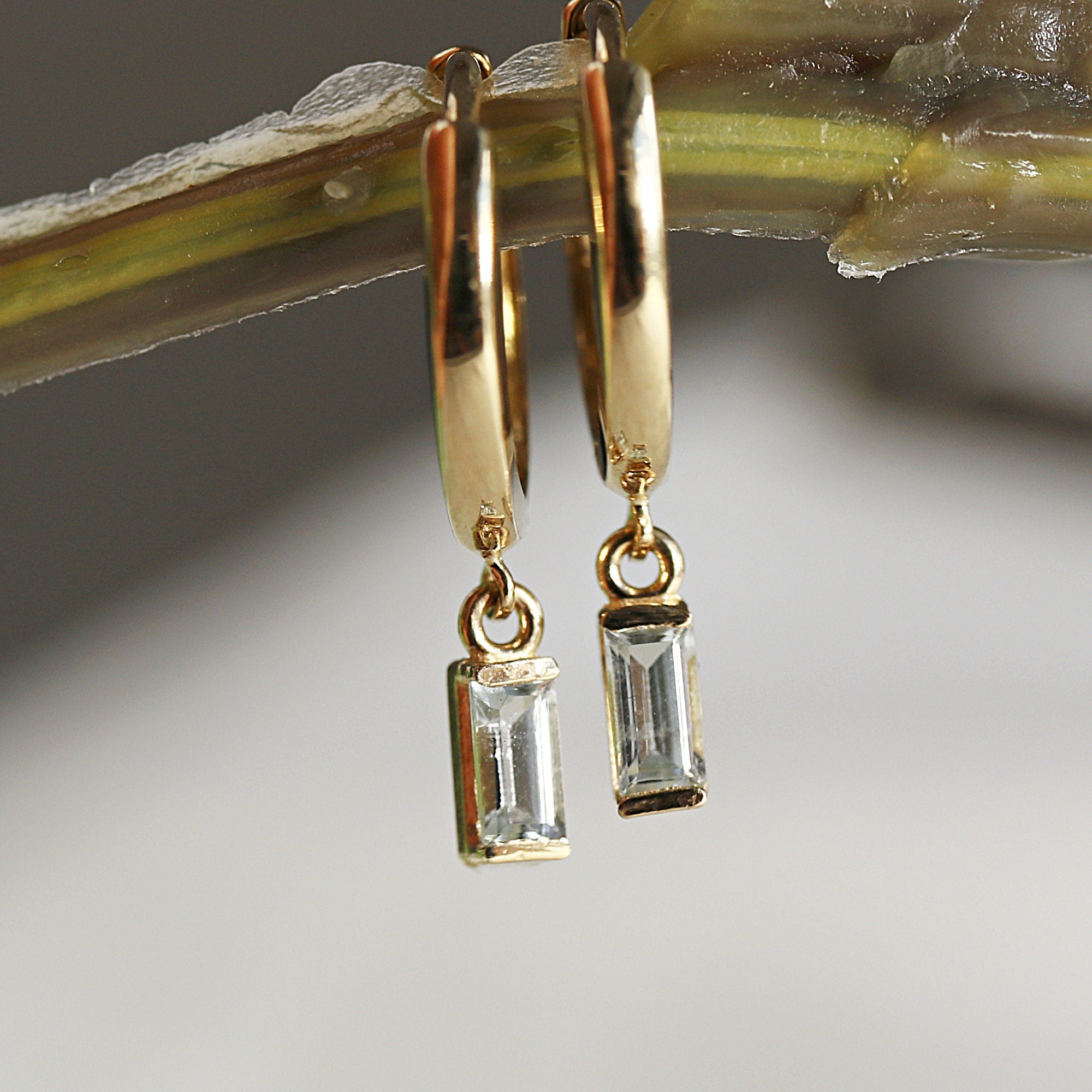 14k Gold Aquamarine Earrings, Baguette Aquamarine Dangle Hoop Earrings - Melt'm Jewelry