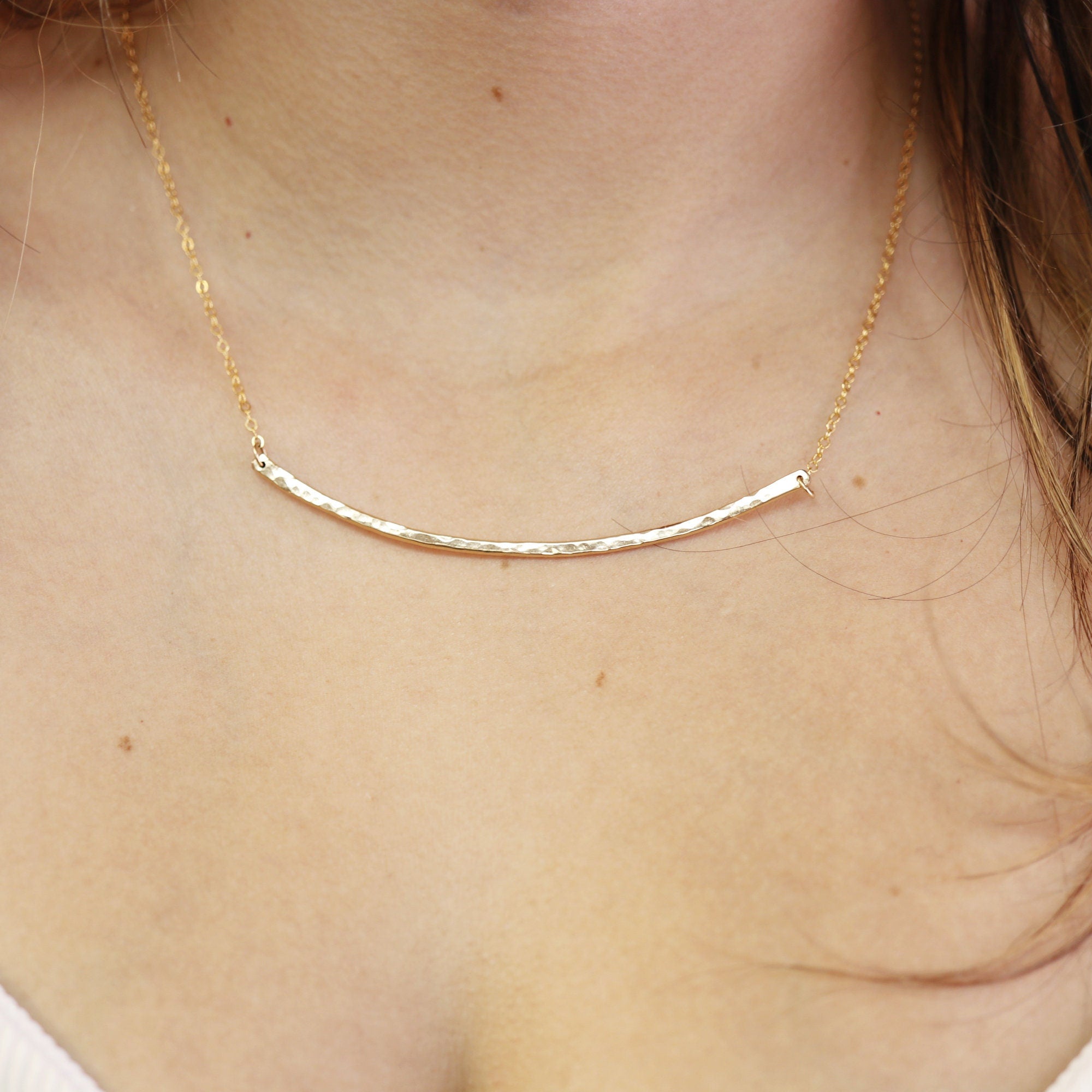 Curved Hammered Bar Necklace, Gold Curved Bar Necklace