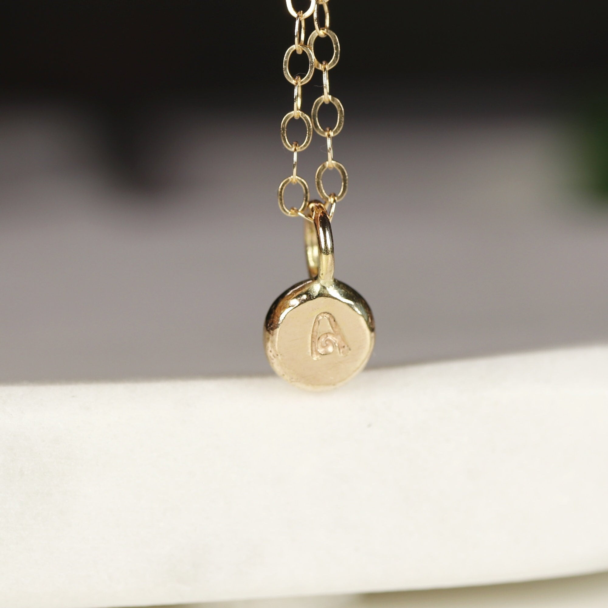 14k Solid Gold Rustic Pebble Initial Necklace