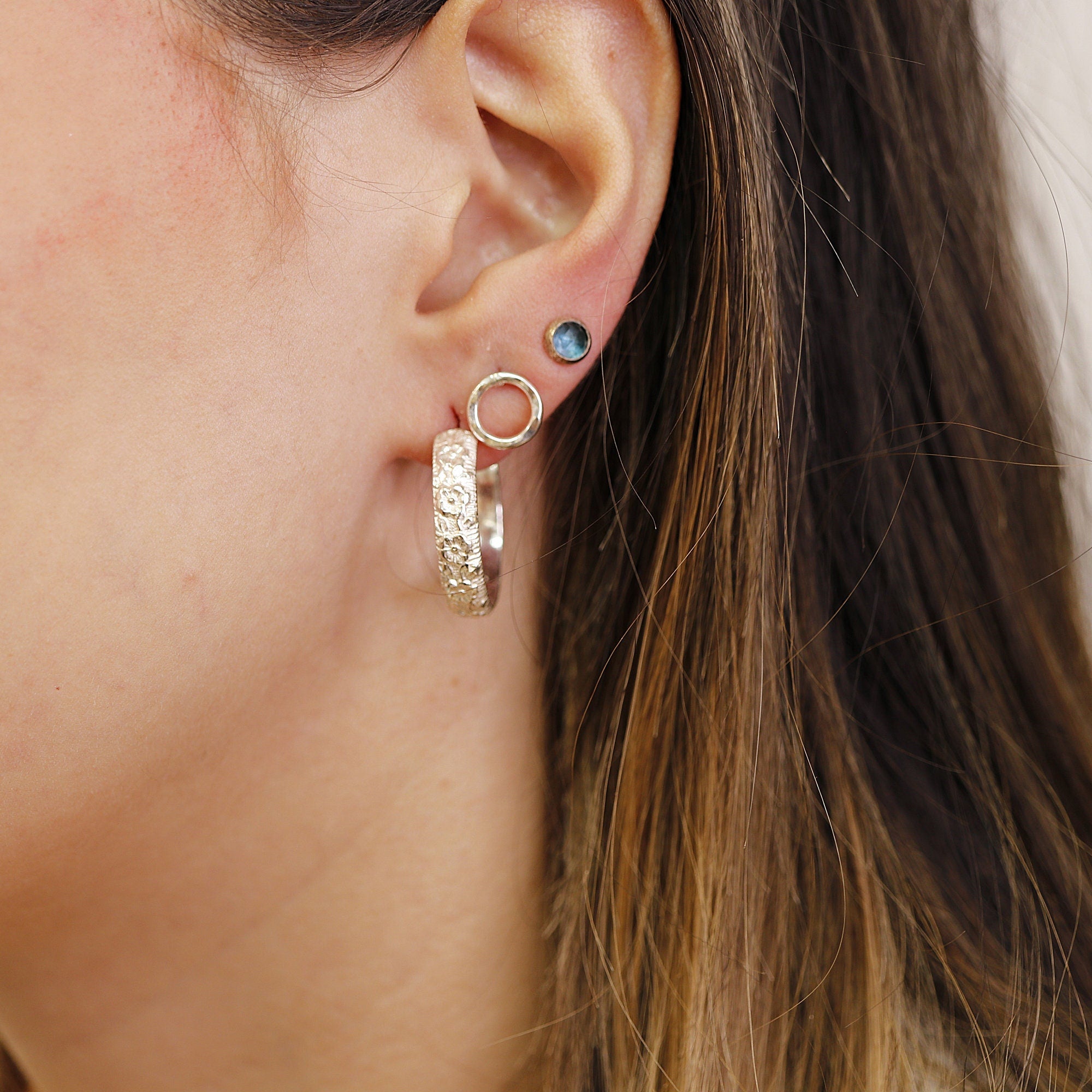 Round Open Hoop Earrings, Patterned Sterling Silver Earrings