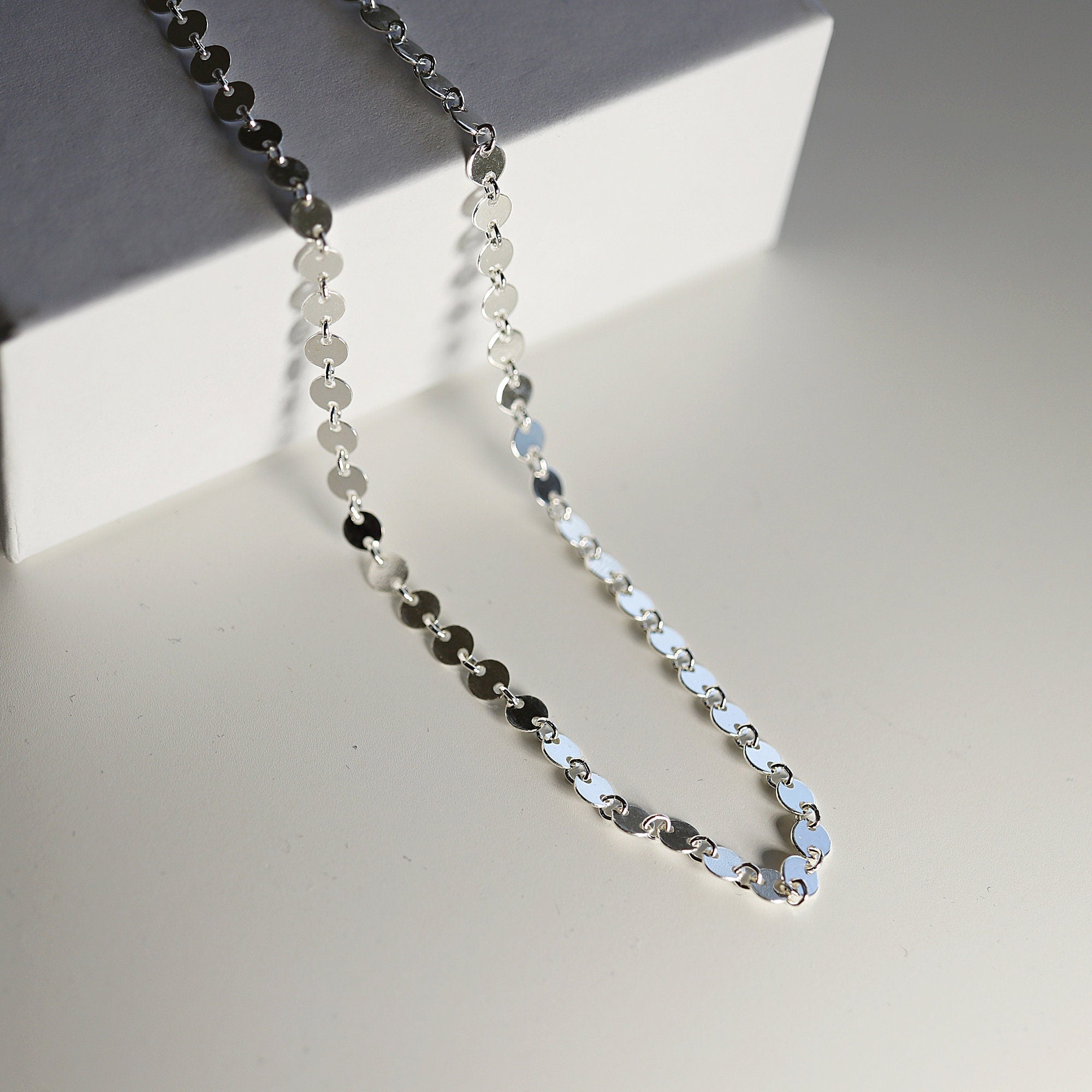 Dainty Sterling Silver Choker Necklace – Sequin Chain Minimalist Necklace, Simple Layering Jewelry Gift for Her - Melt'm Jewelry