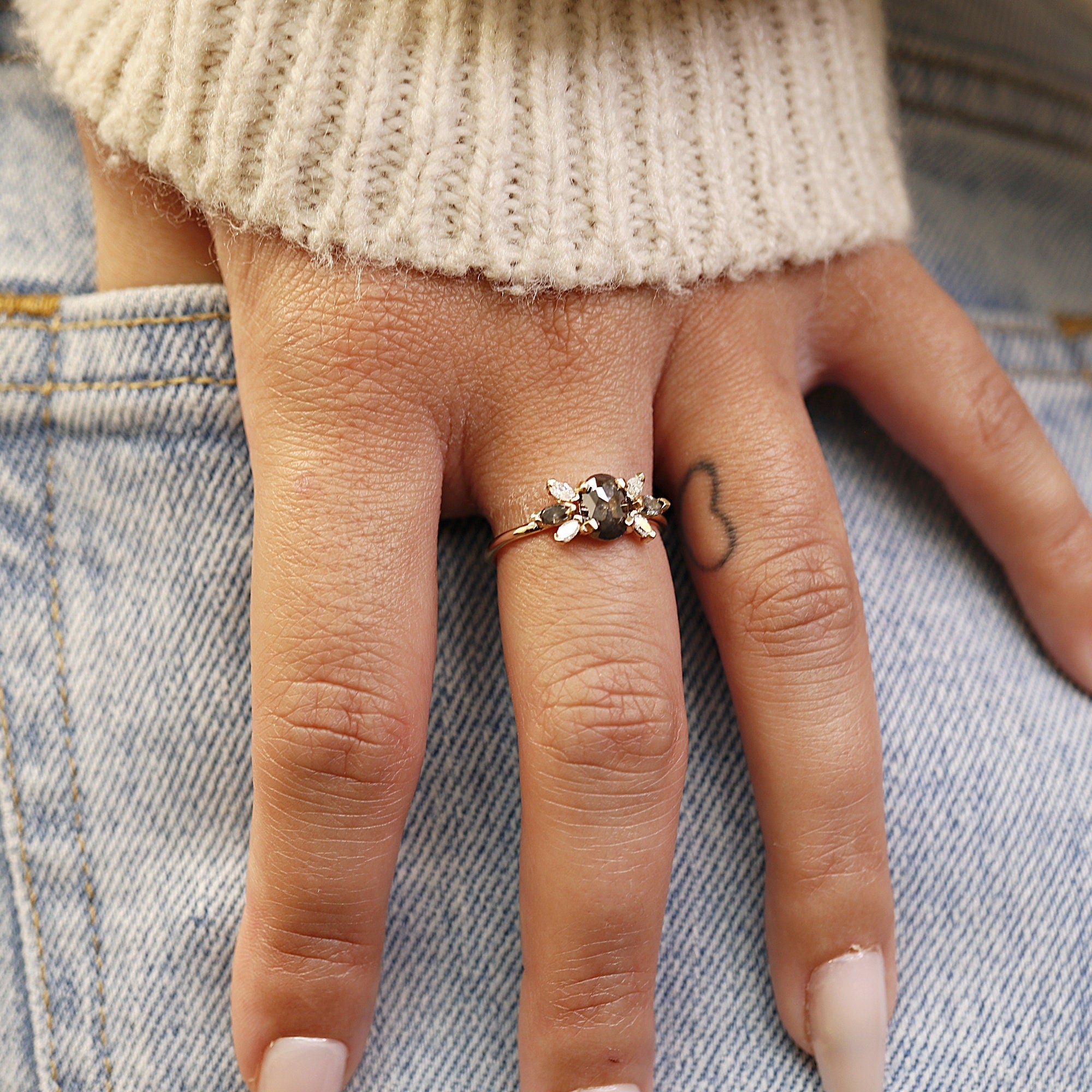 Oval Salt and Pepper Diamond Cluster Ring