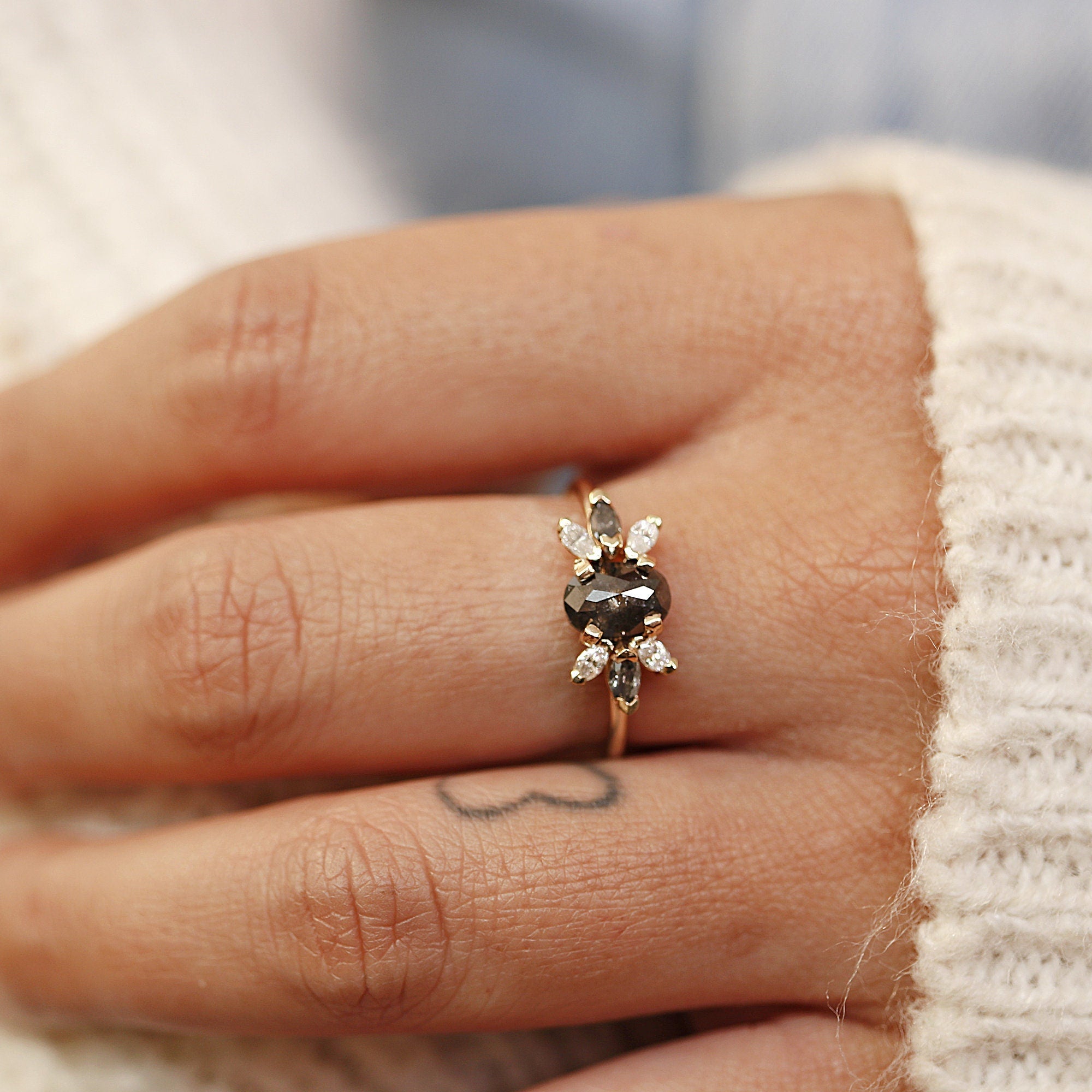 Oval Salt and Pepper Diamond Cluster Ring