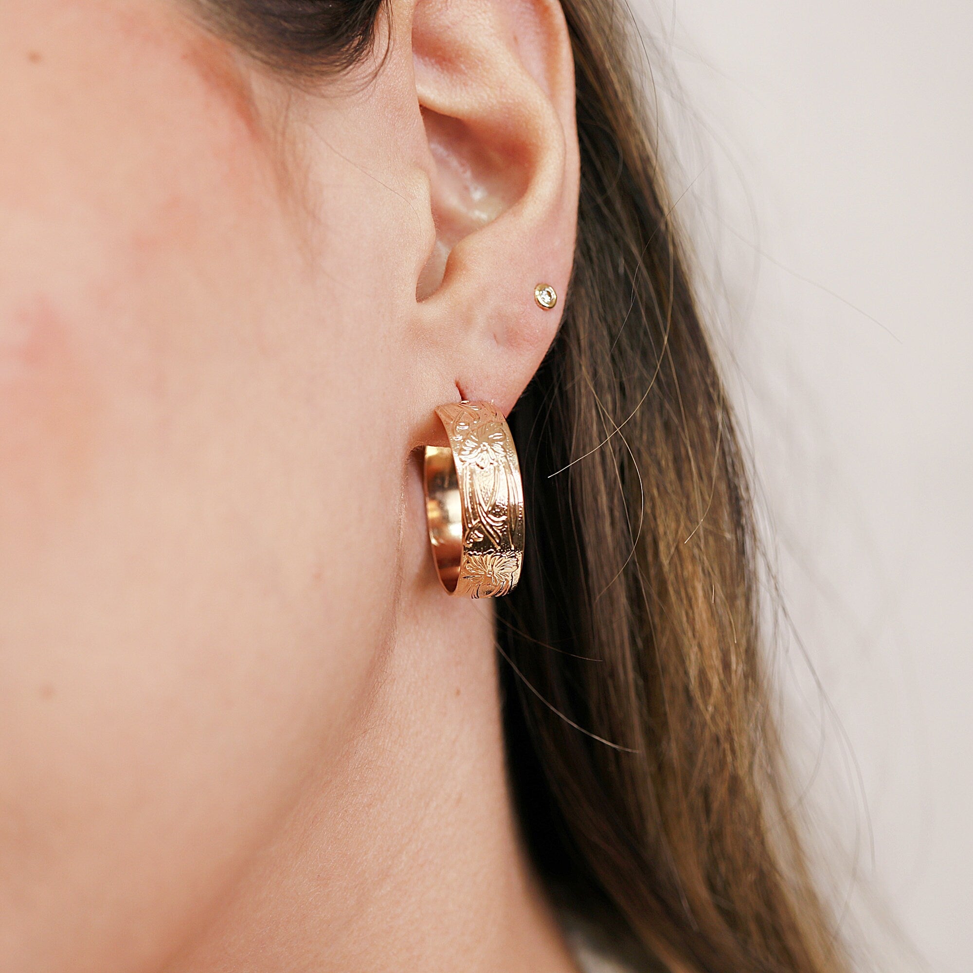 Flower Patterned Gold Filled Hoop Earrings