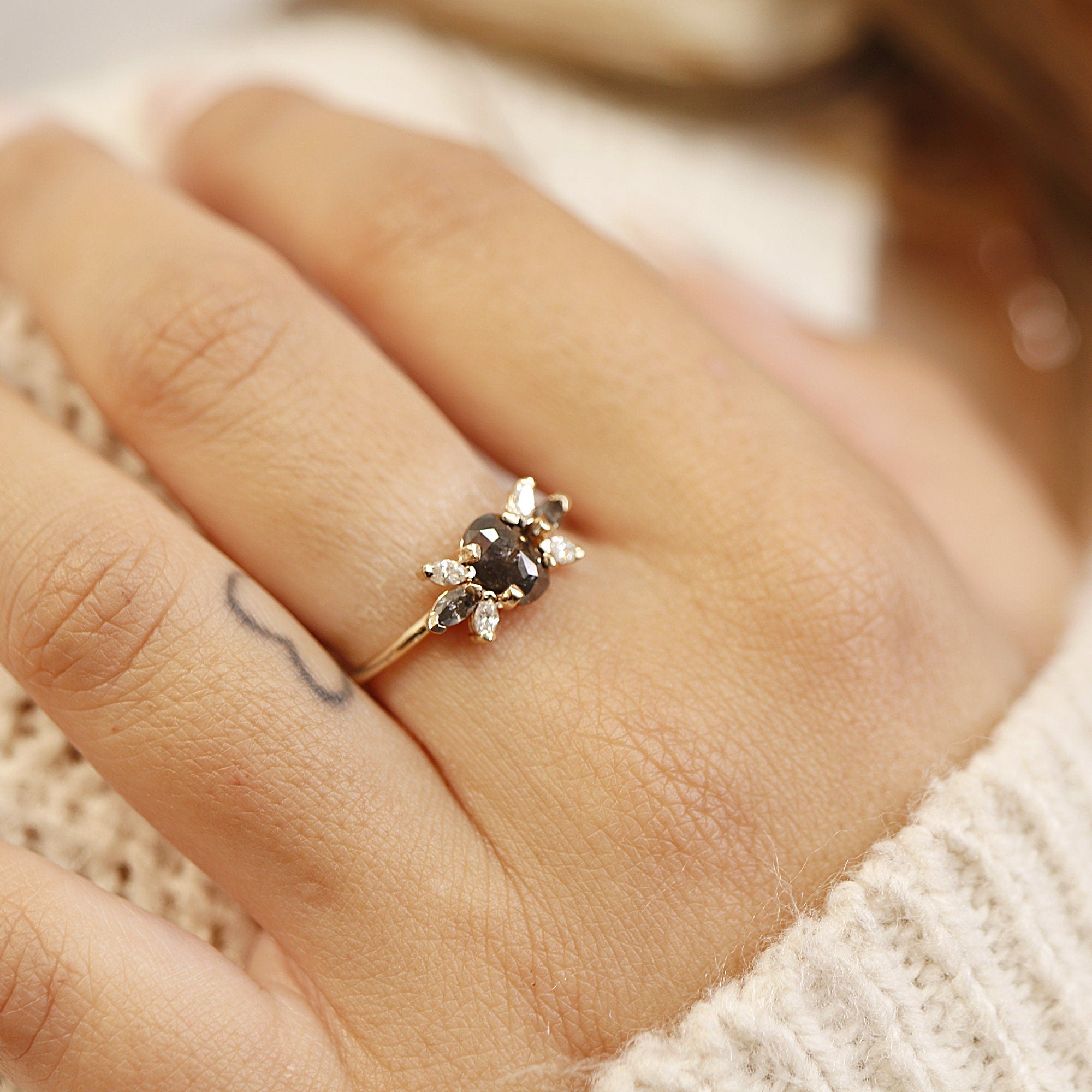 Oval Salt and Pepper Diamond Cluster Ring