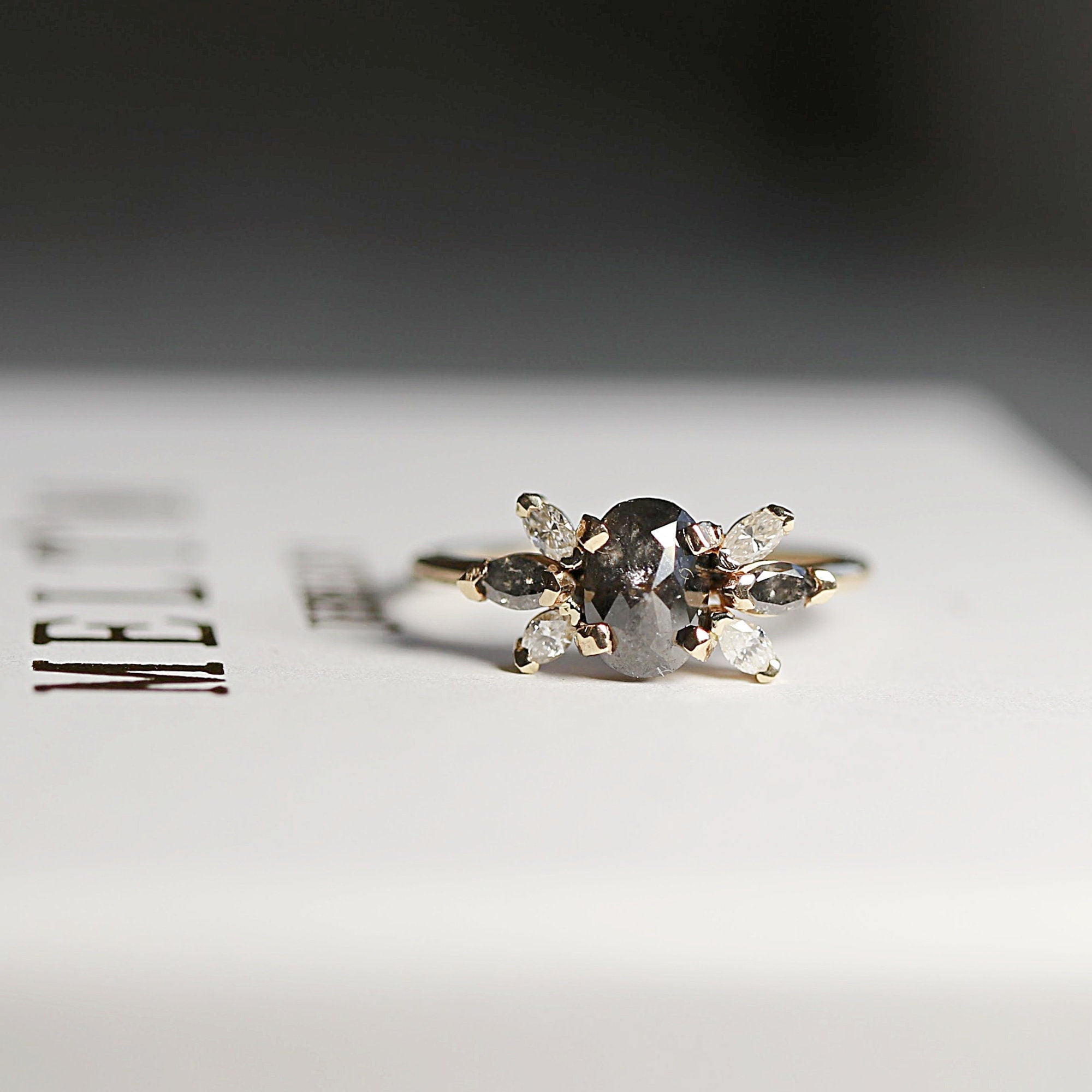 Oval Salt and Pepper Diamond Cluster Ring