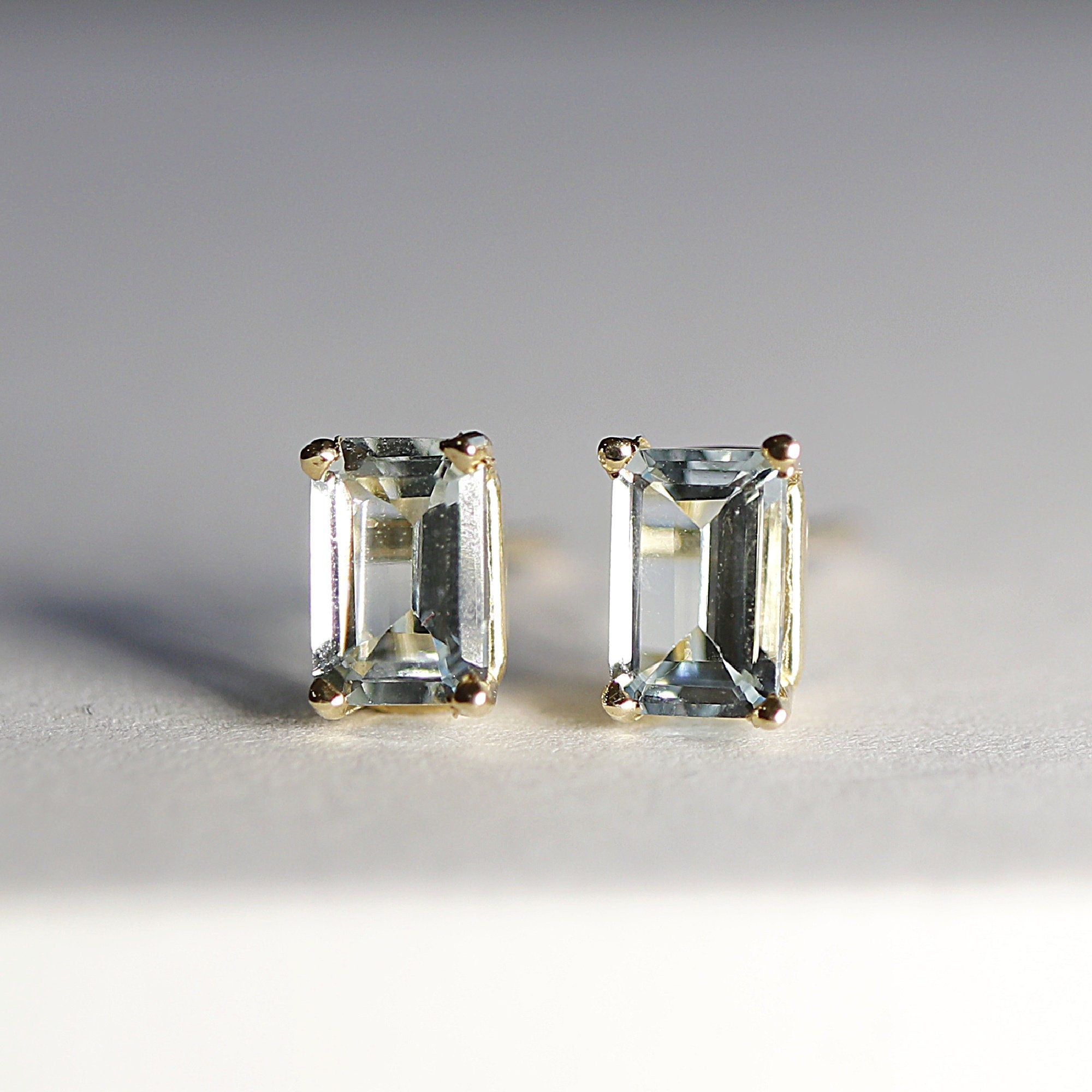 14k Gold Emerald Cut Aquamarine Stud Earrings