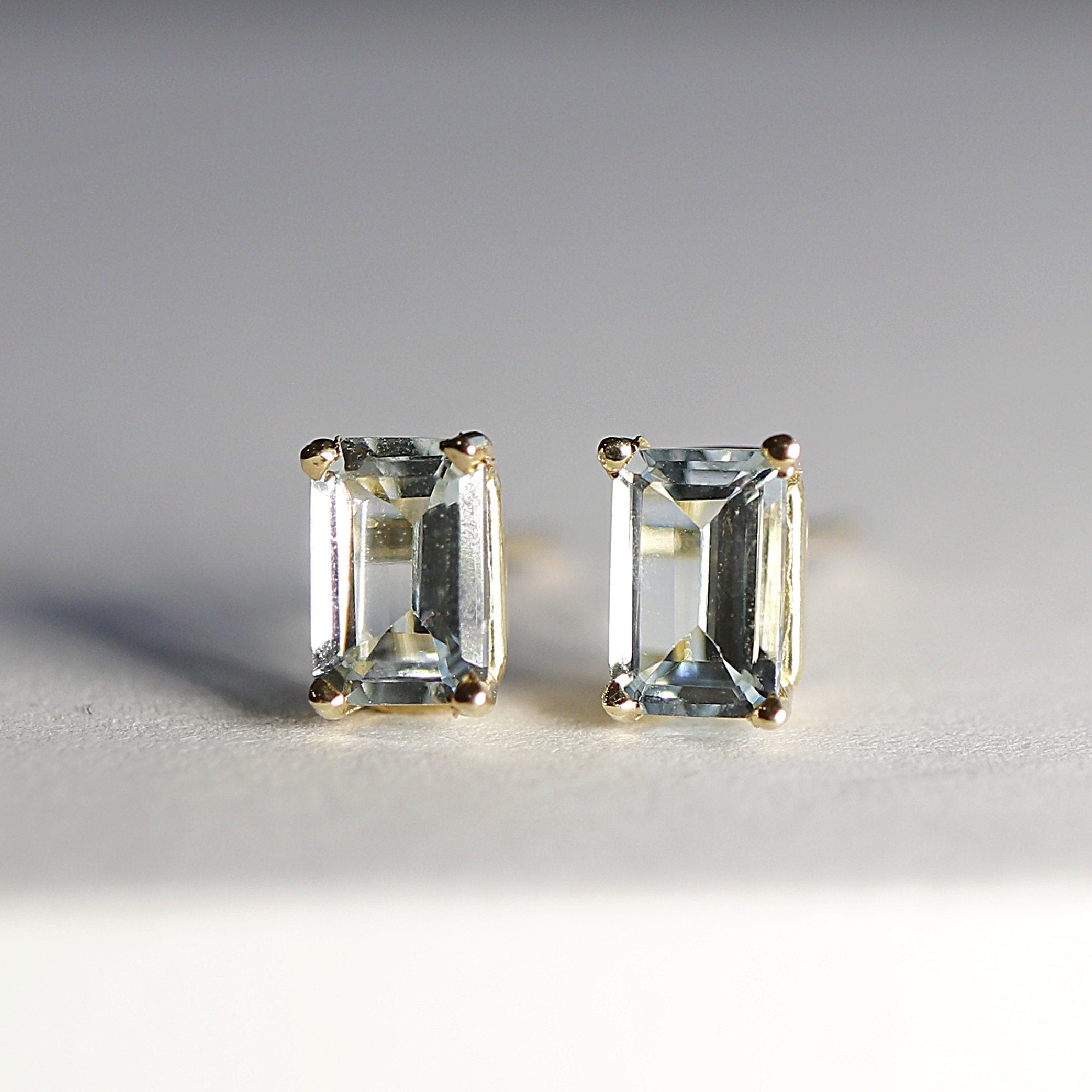 14k Gold Emerald Cut Aquamarine Stud Earrings - Melt'm Jewelry