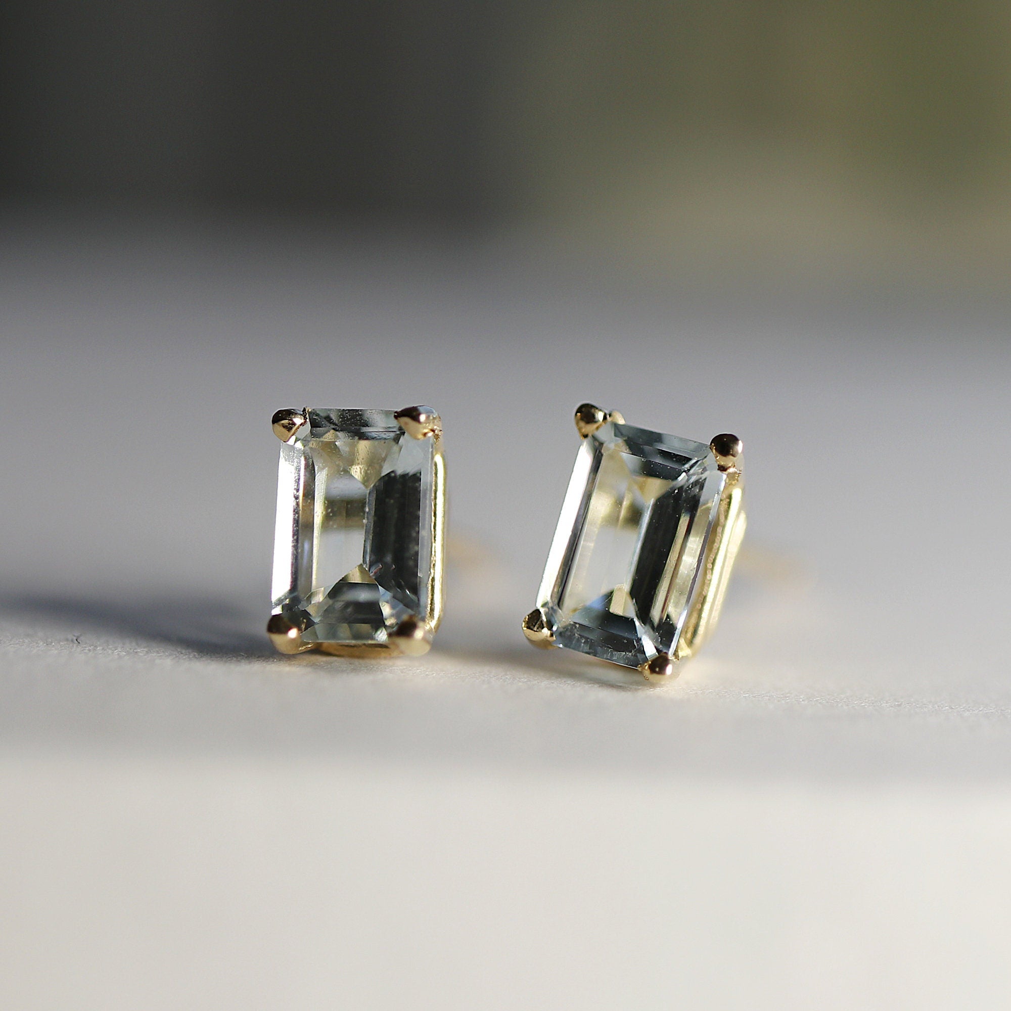 14k Gold Emerald Cut Aquamarine Stud Earrings