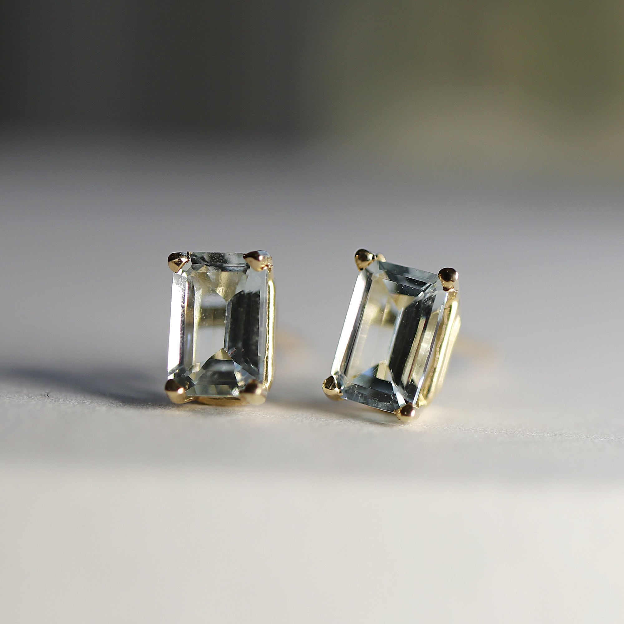 14k Gold Emerald Cut Aquamarine Stud Earrings - Melt'm Jewelry