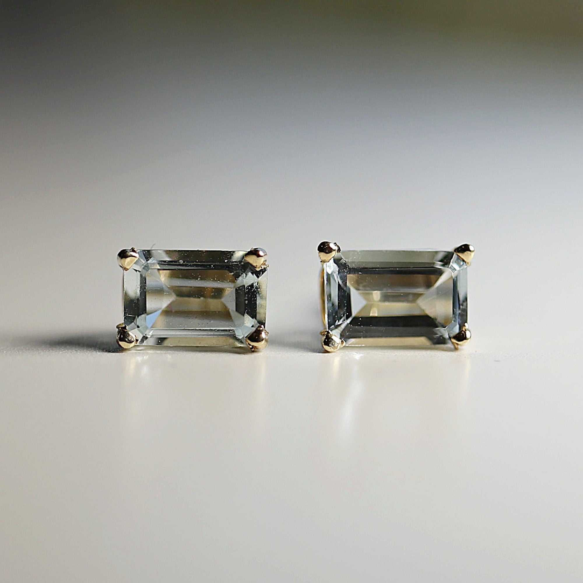 14k Gold Emerald Cut Aquamarine Stud Earrings