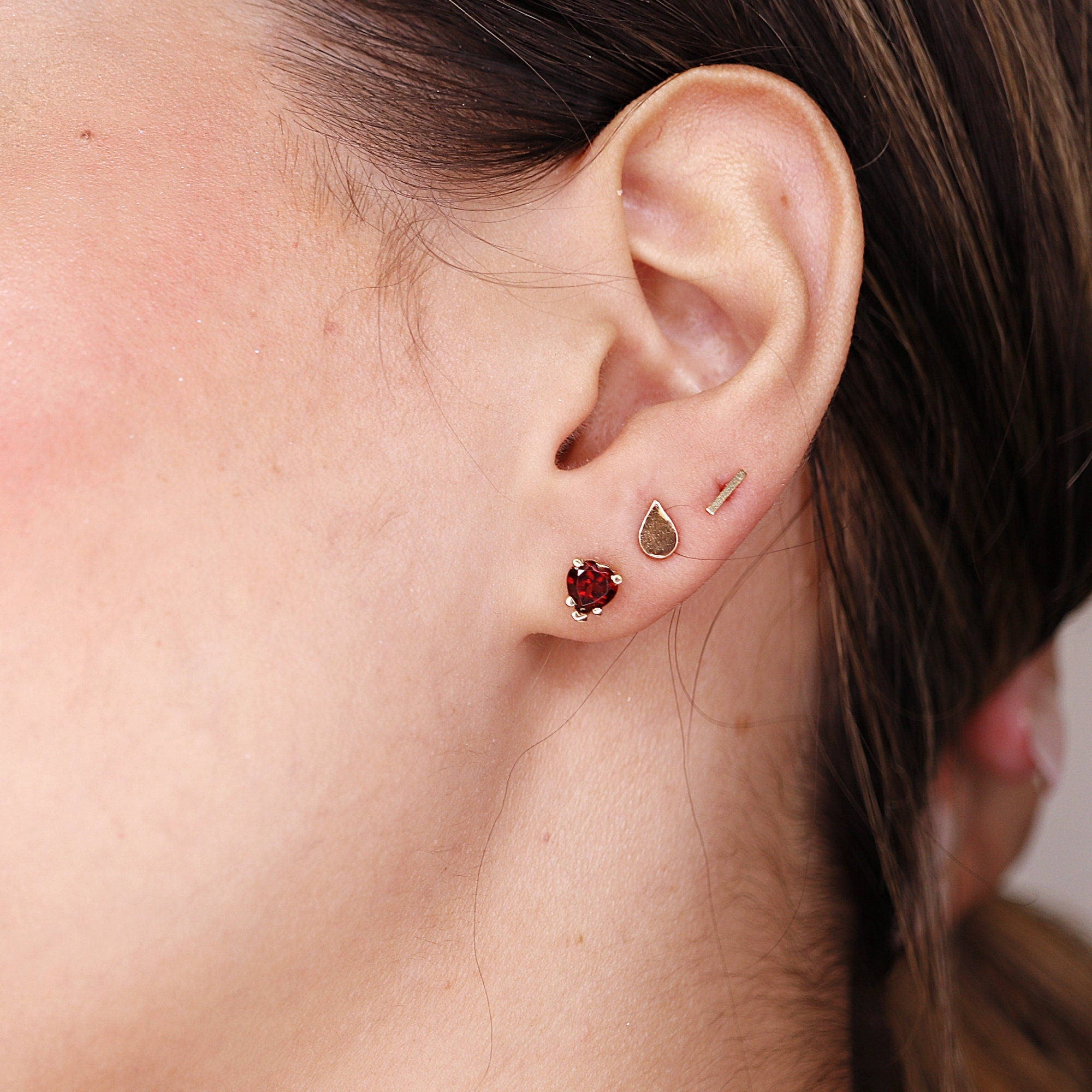 Garnet Heart Stud Earrings 14k Gold