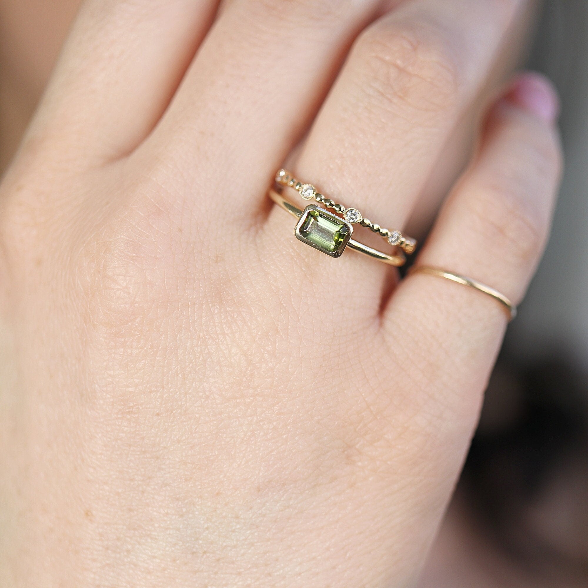 Emerald Cut Bezel Set Green Tourmaline Ring in 14k Gold - Melt'm Jewelry