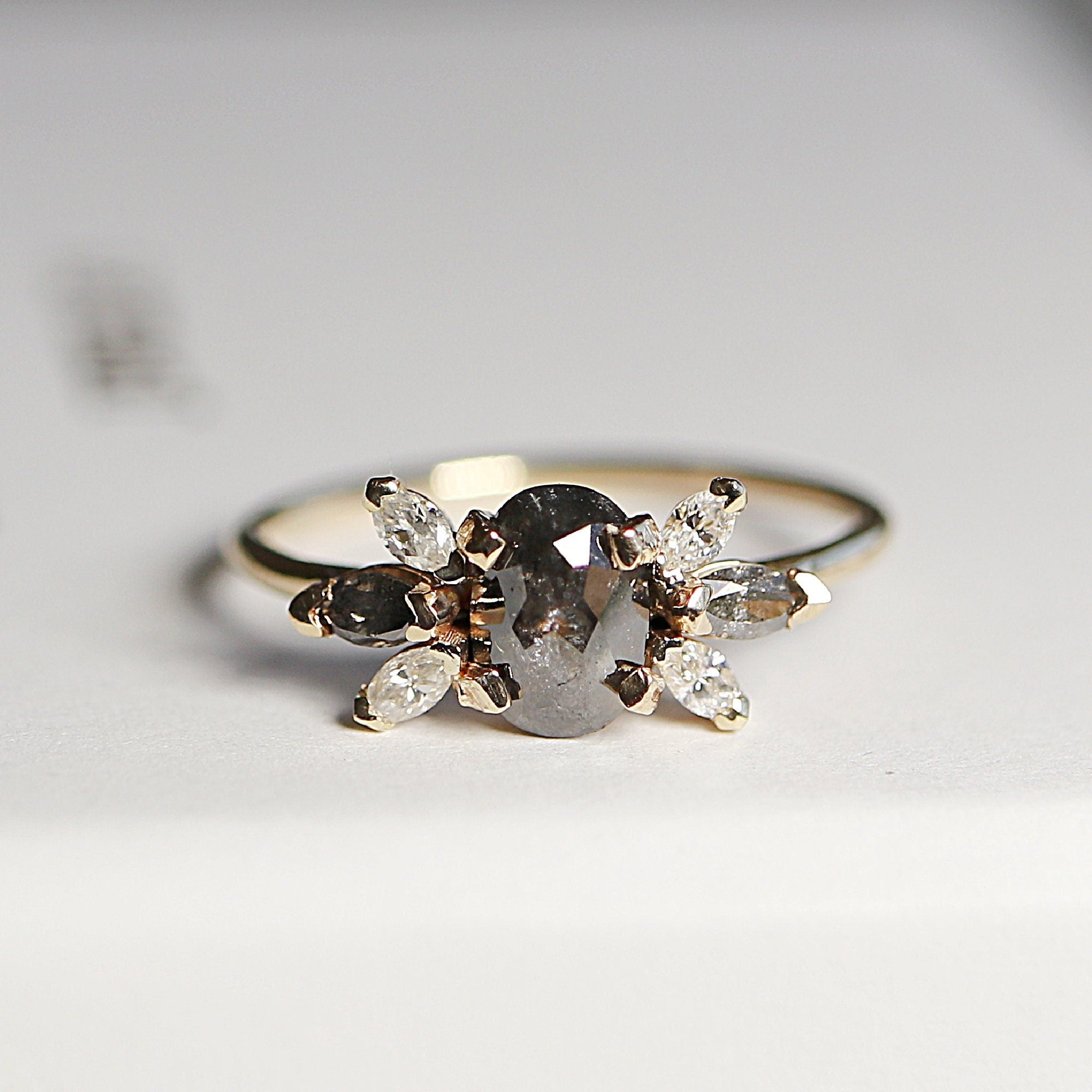 Oval Salt and Pepper Diamond Cluster Ring